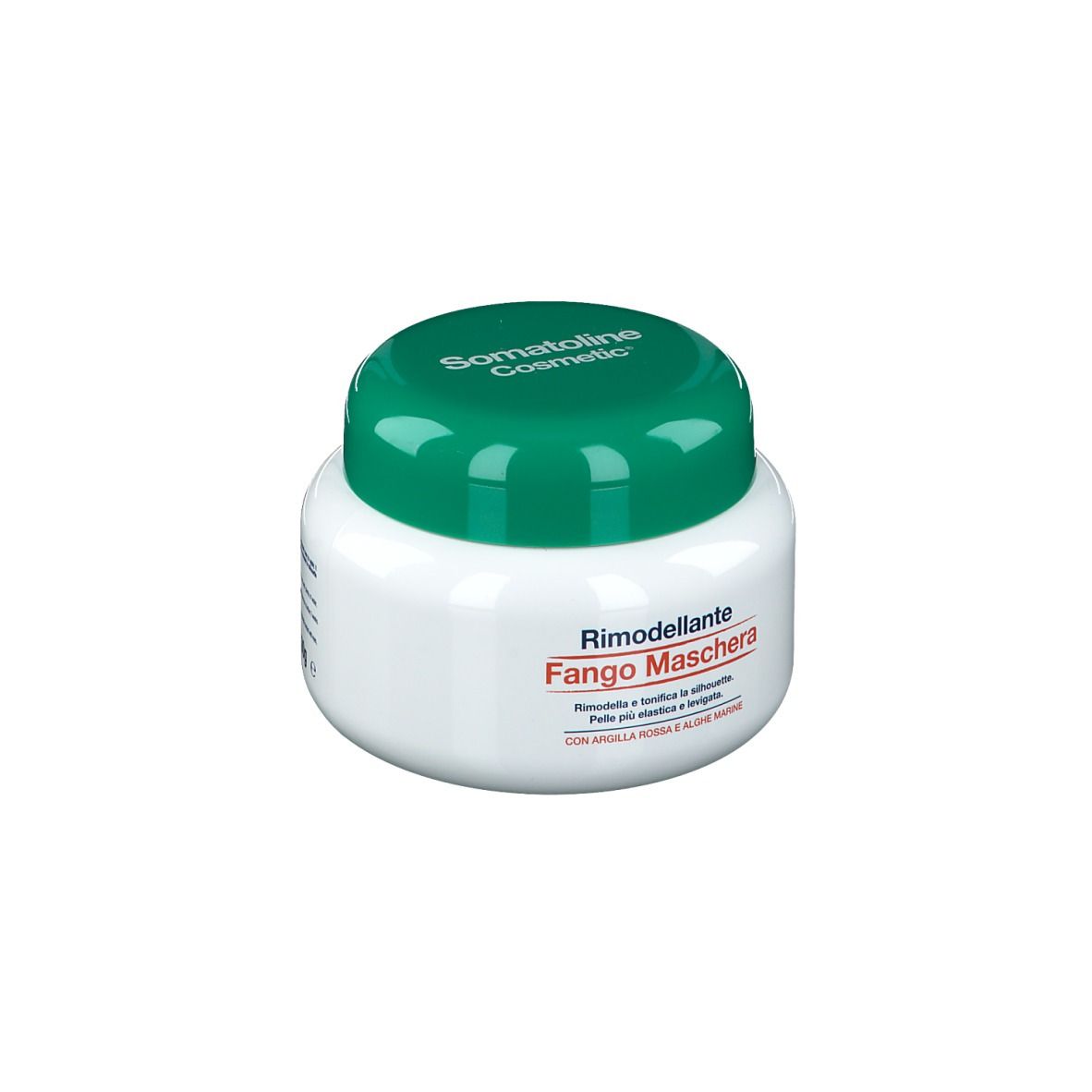 Vasetto bianco con coperchio verde. Scritta: Somatoline Cosmetic, Rimodellante Fango Maschera. Testo in basso.