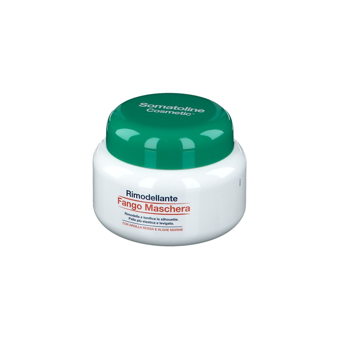 Vasetto bianco con coperchio verde. Scritta: Somatoline Cosmetic, Rimodellante Fango Maschera. Testo in basso.