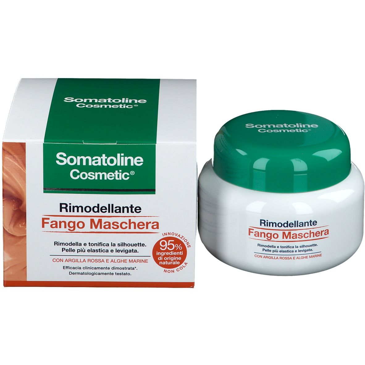 Prodotto e confezione. Scritta: Somatoline Cosmetic, Rimodellante Fango Maschera. 95% ingredienti di origine naturale.