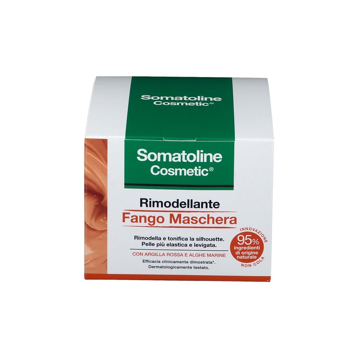 Prodotto e confezione. Scritta: Somatoline Cosmetic, Rimodellante Fango Maschera. 95% ingredienti di origine naturale.