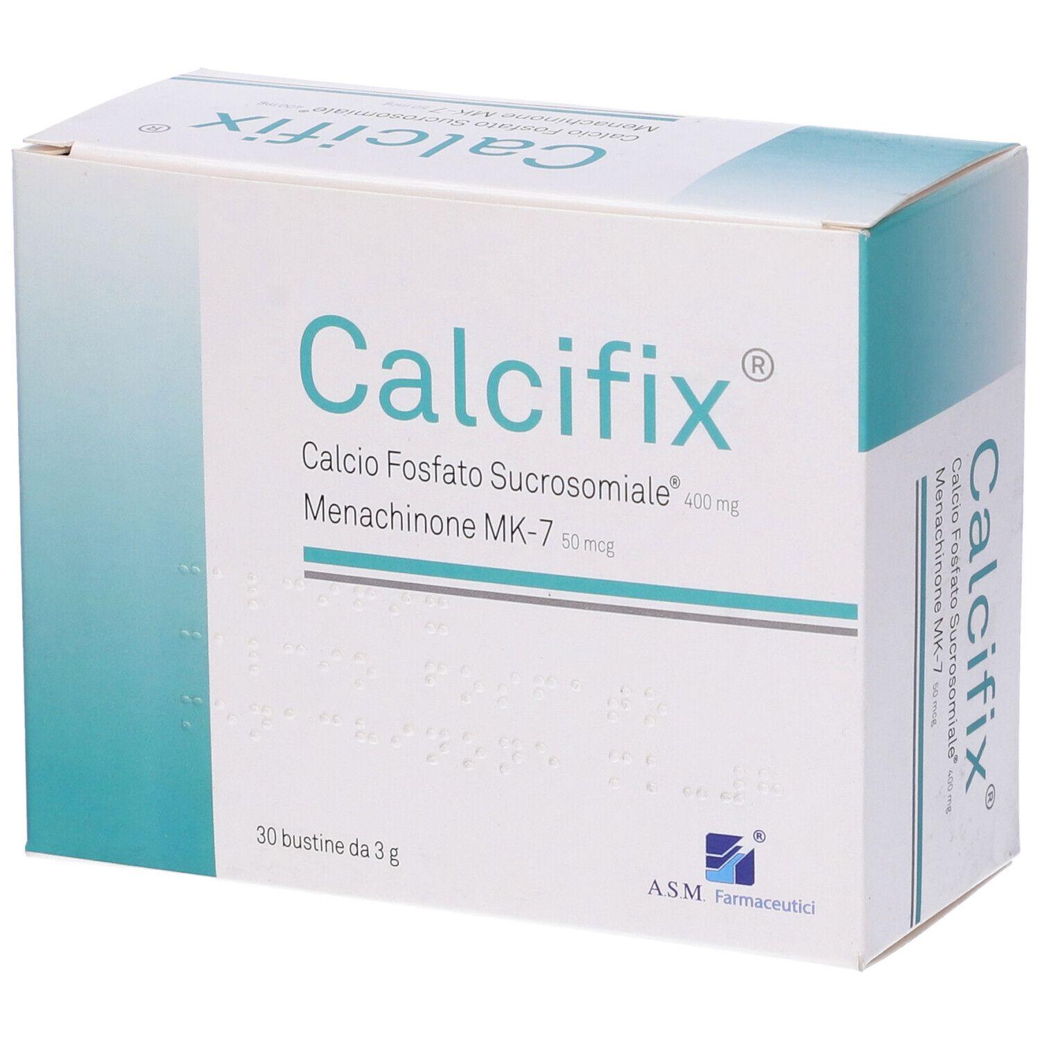 Scatola "Calcifix". Contiene 30 bustine. Scritto: Calcio Fosfato Sucrosomiale, Menachinone MK-7.