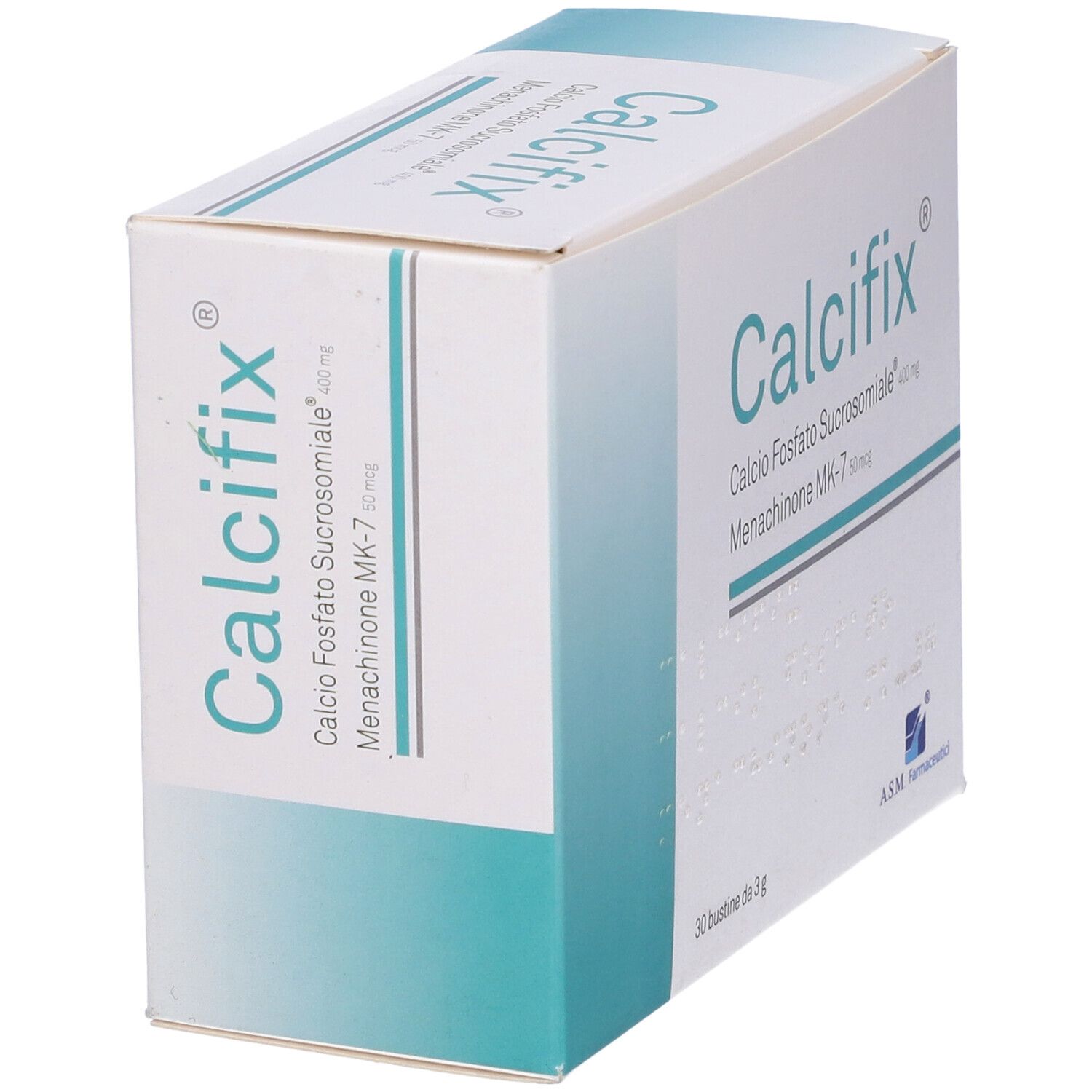 Scatola "Calcifix". Scritto: Calcio Fosfato Sucrosomiale, Menachinone MK-7. Logo ASM Farmaceutici.