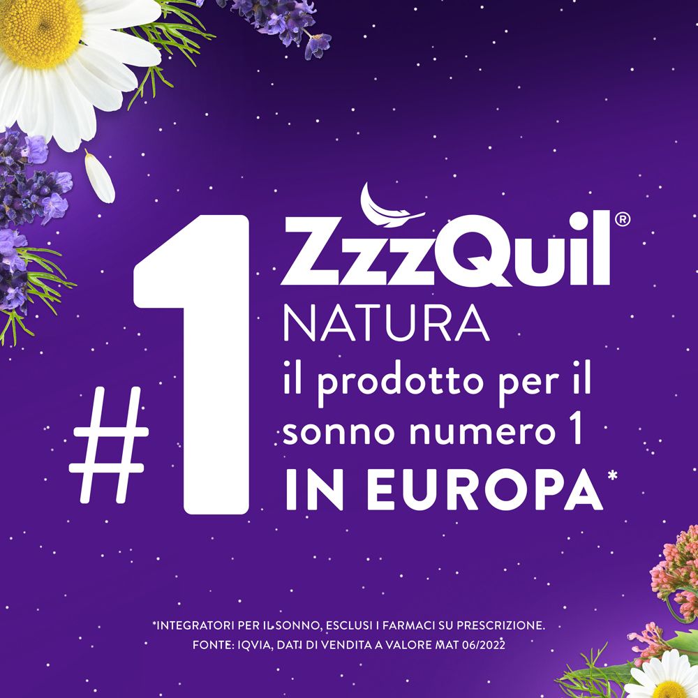 ZzzQuil NATURA. Text: il prodotto per il sonno numero 1 IN EUROPA.