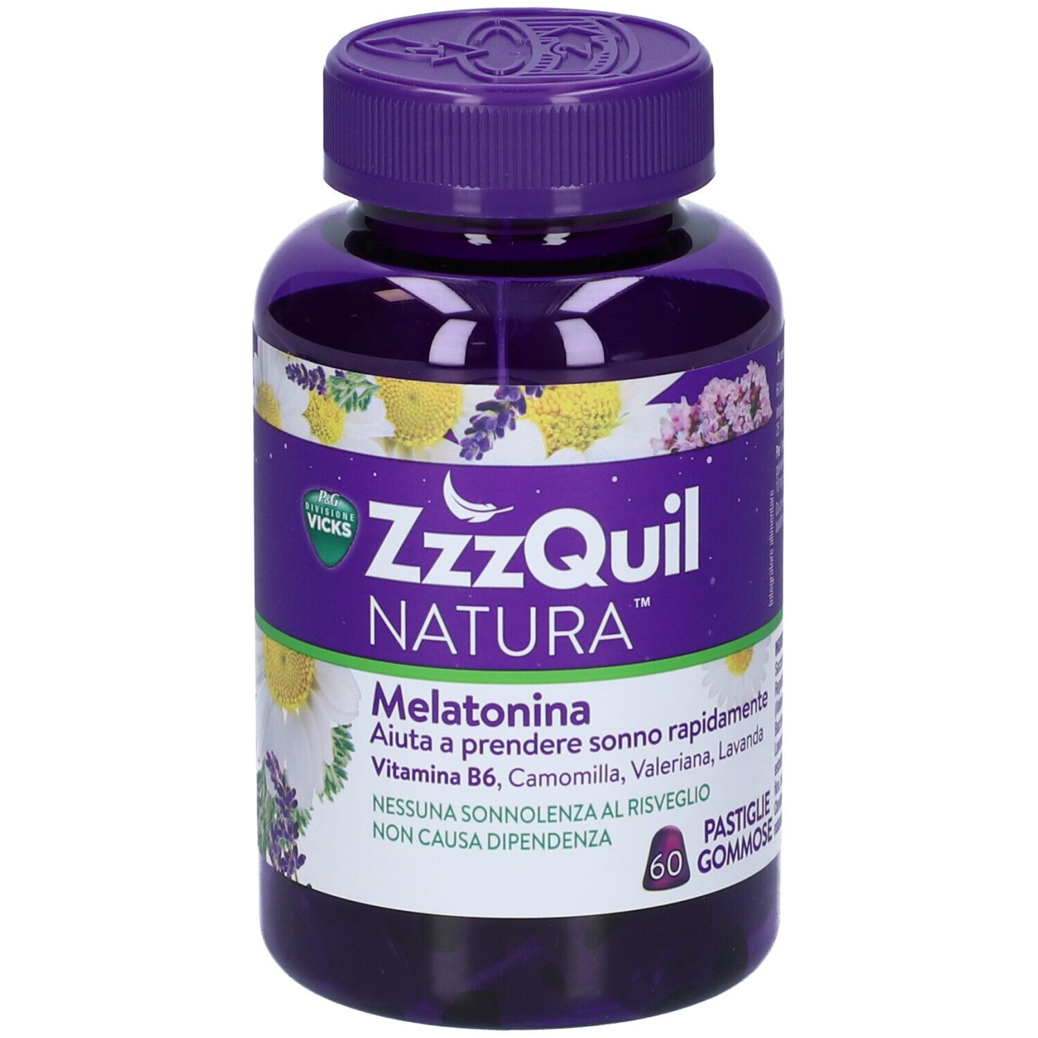 ZzzQuil Natura Melatonina Pastiglie Gommose. Flacone viola con informazioni sul prodotto. 60 caramelle gommose.