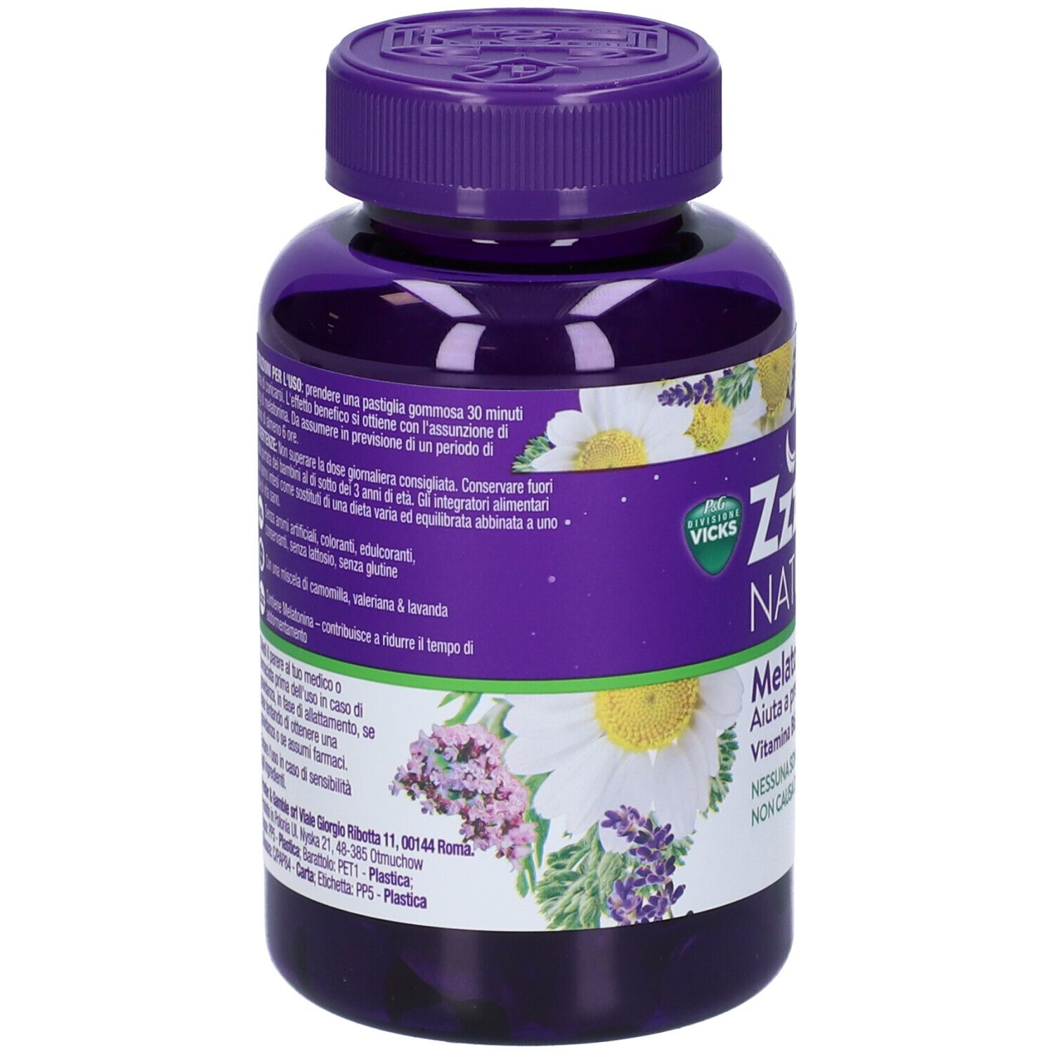 Retro del flacone ZzzQuil Natura. Testo e informazioni sul prodotto. Flacone viola.