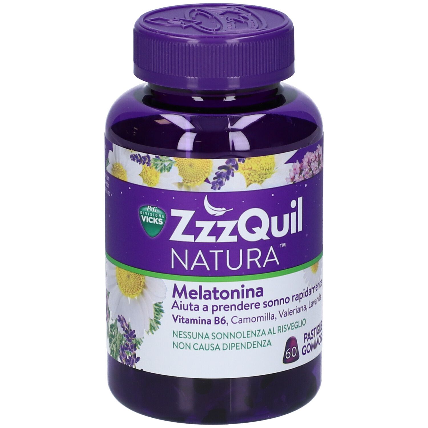 ZzzQuil Natura Melatonina Pastiglie Gommose. Flacone viola con informazioni sul prodotto. 60 caramelle gommose.