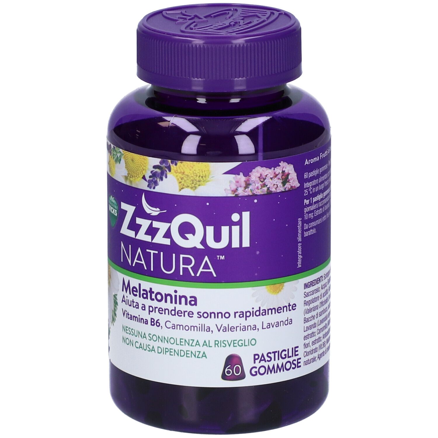 ZzzQuil Natura Melatonina Pastiglie Gommose. Flacone viola con informazioni sul prodotto. 60 caramelle gommose.