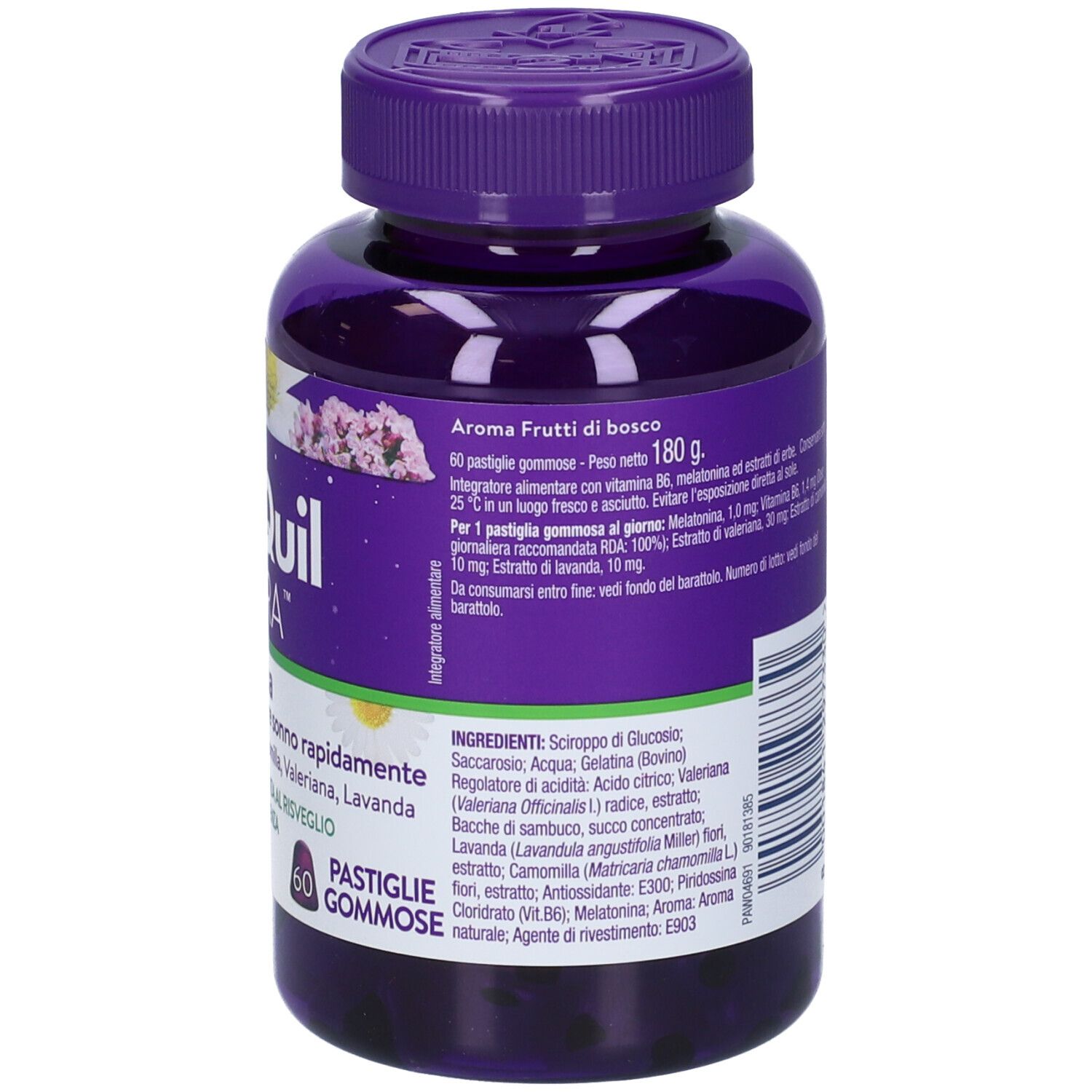 Retro del flacone ZzzQuil Natura. Testo e informazioni sul prodotto. Flacone viola.