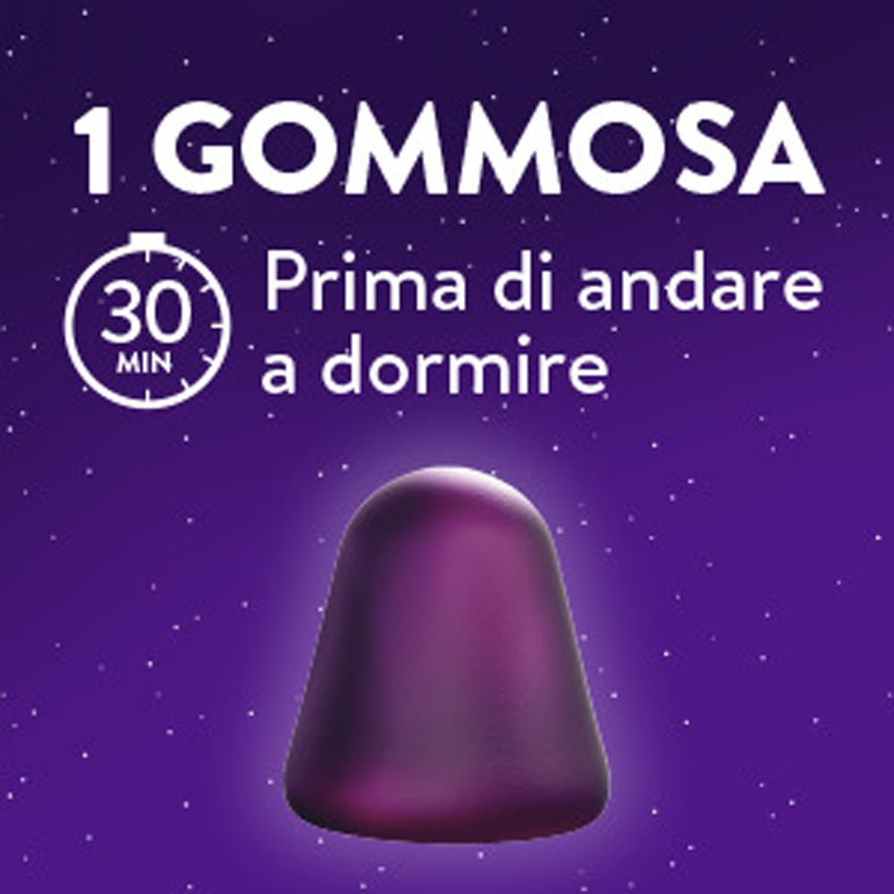 Una pastiglia gommosa viola. Testo: 1 GOMMOSA, 30 MIN, Prima di andare a dormire. Sfondo viola.
