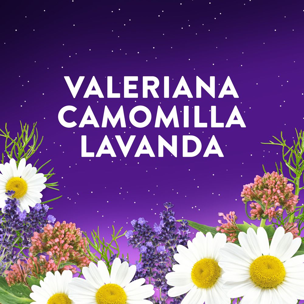 Fiori ed erbe su sfondo viola. Testo: VALERIANA CAMOMILLA LAVANDA.