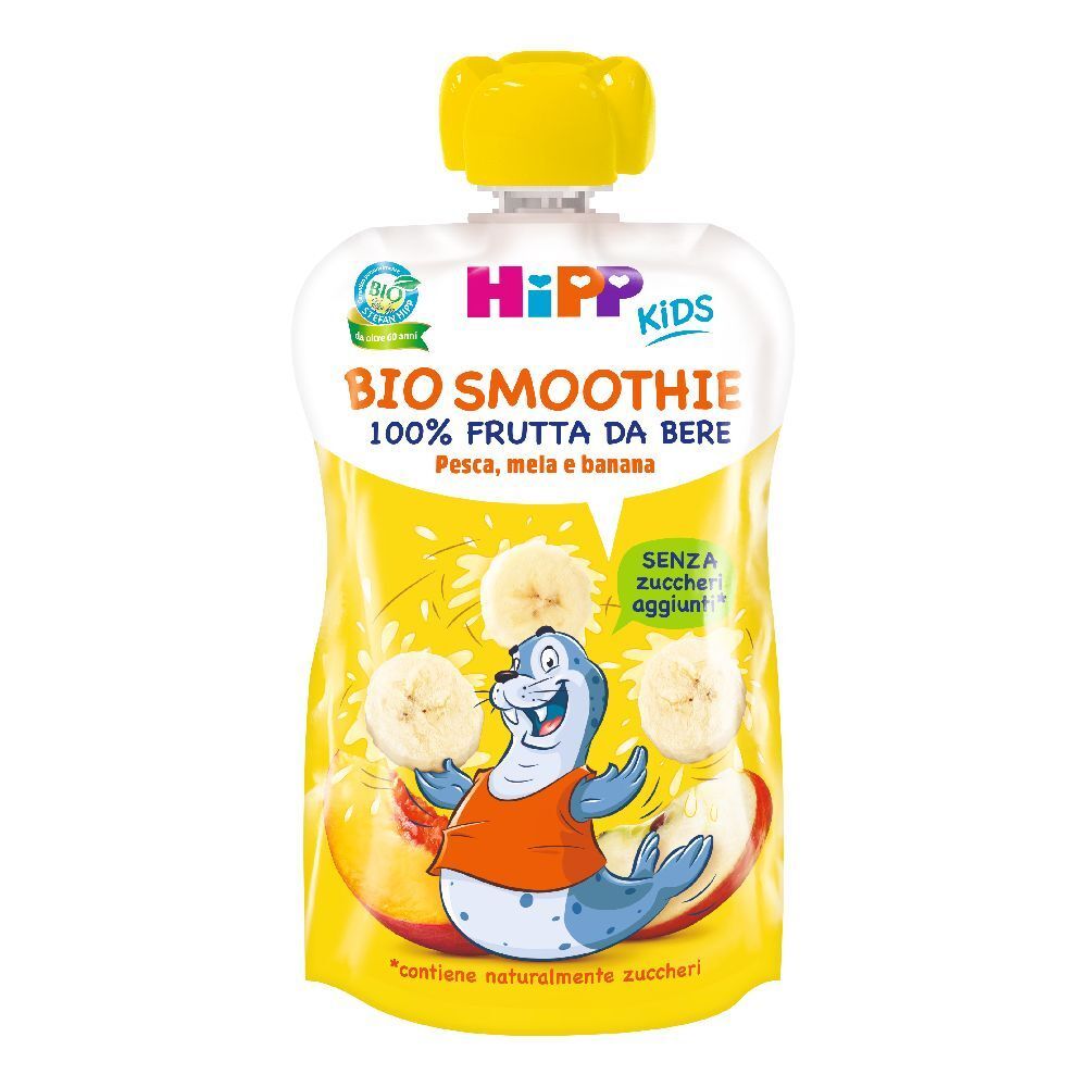Confezione di HiPP Bio Smoothie. Gialla, con stampa. Contiene pesca, mela e banana. Con sigillo.