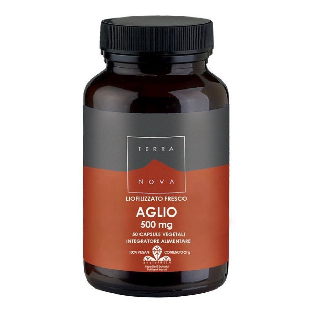 Flacone di vetro marrone con tappo nero. Etichetta con testo: Aglio 500mg, 50 capsule. Marchio: Terra Nova.