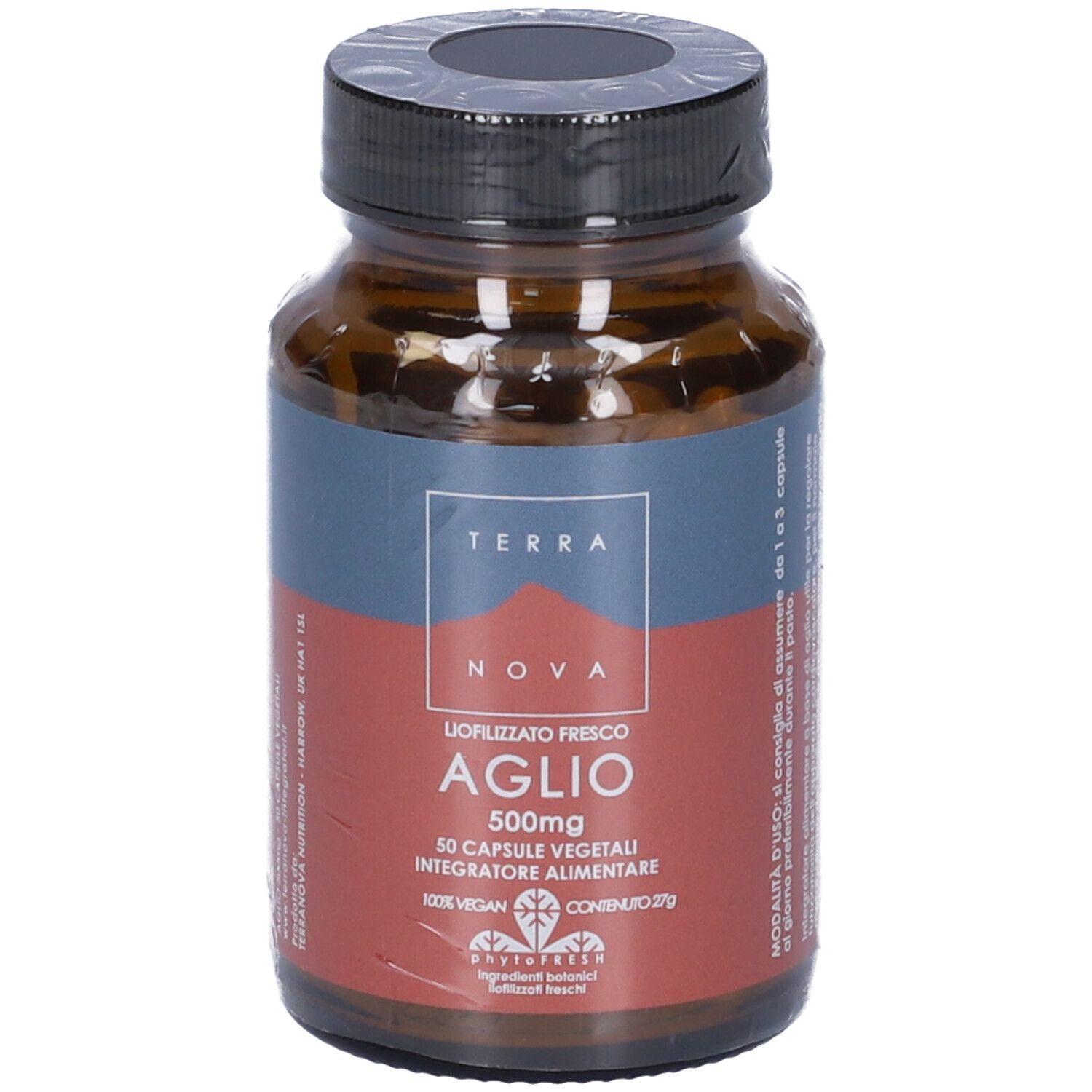 Flacone di vetro marrone con tappo nero, sigillato. Etichetta con testo: Aglio 500mg, 50 capsule. Marchio: Terra Nova.