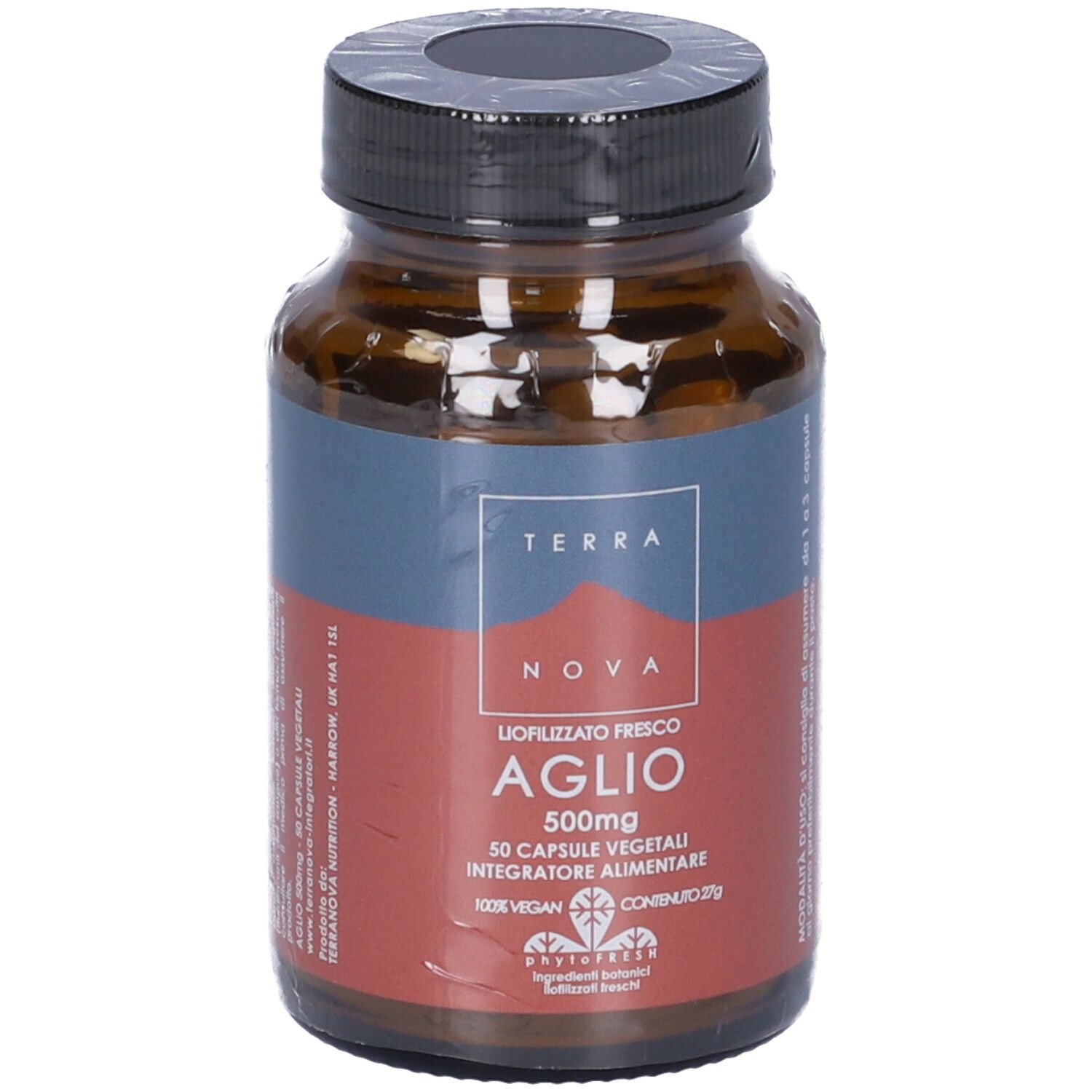 Flacone di vetro marrone, sigillato. Etichetta con testo e informazioni. Marchio: Terra Nova. Aglio 500mg, 50 capsule.