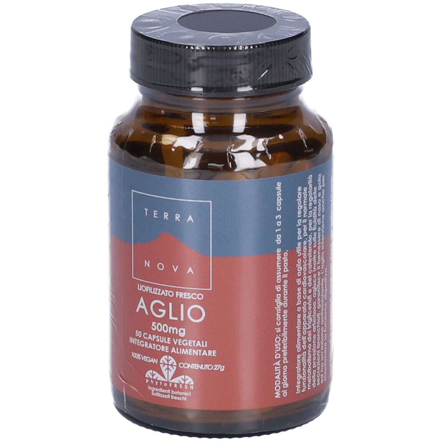 Flacone di vetro marrone, sigillato. Etichetta con testo e informazioni. Marchio: Terra Nova. Aglio 500mg, 50 capsule.