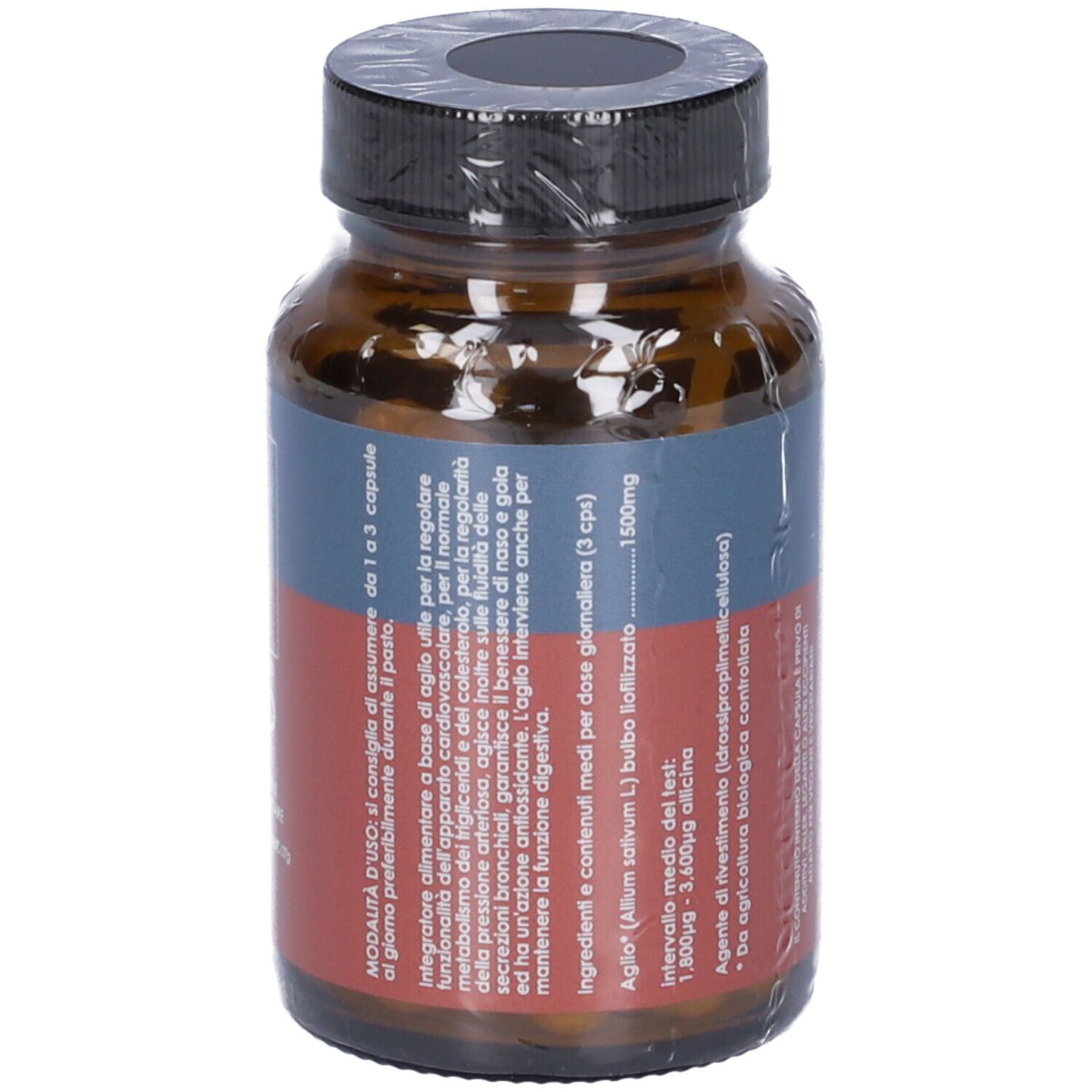 Flacone di vetro marrone, sigillato. Etichetta con testo e informazioni. Marchio: Terra Nova. Aglio 500mg, 50 capsule.