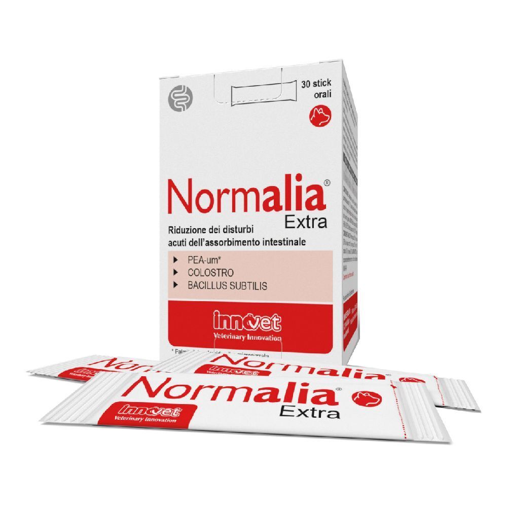 Confezione Normalia Extra con 30 stick. Contiene PEA-um, Colostro, Bacillus subtilis. Marchio Innovet.