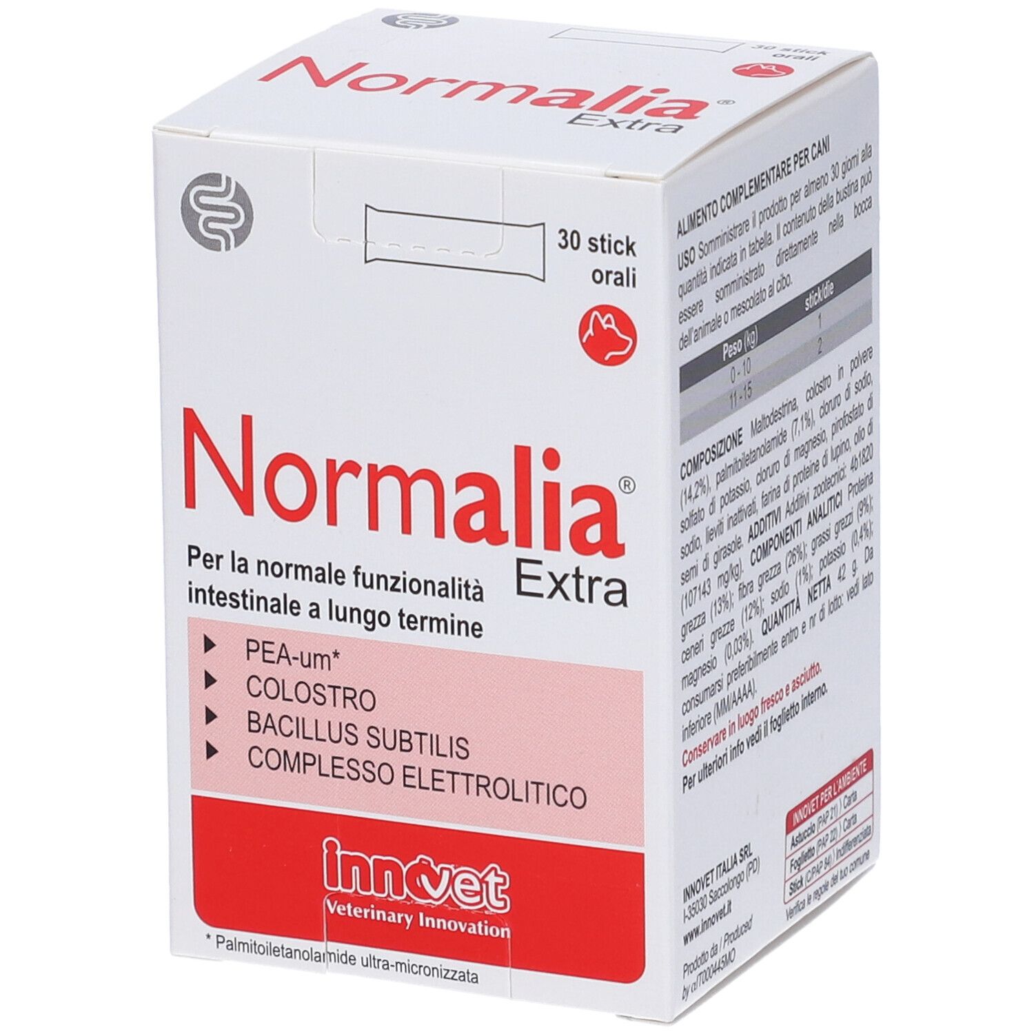 Scatola Normalia Extra per cani. Contiene 30 stick. Ingredienti e composizione sulla confezione.