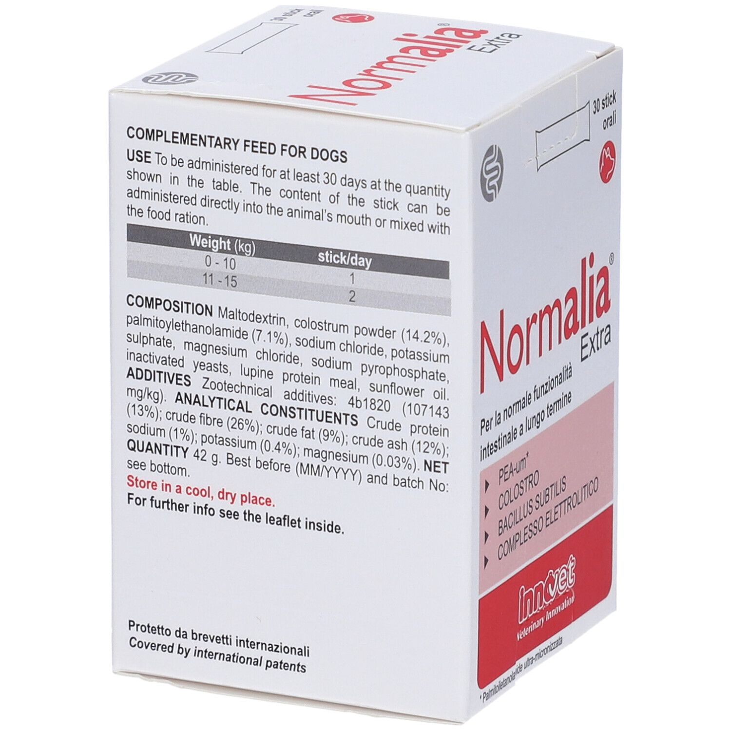 Scatola Normalia Extra per cani. Contiene 30 stick. Informazioni sull'uso e la composizione.