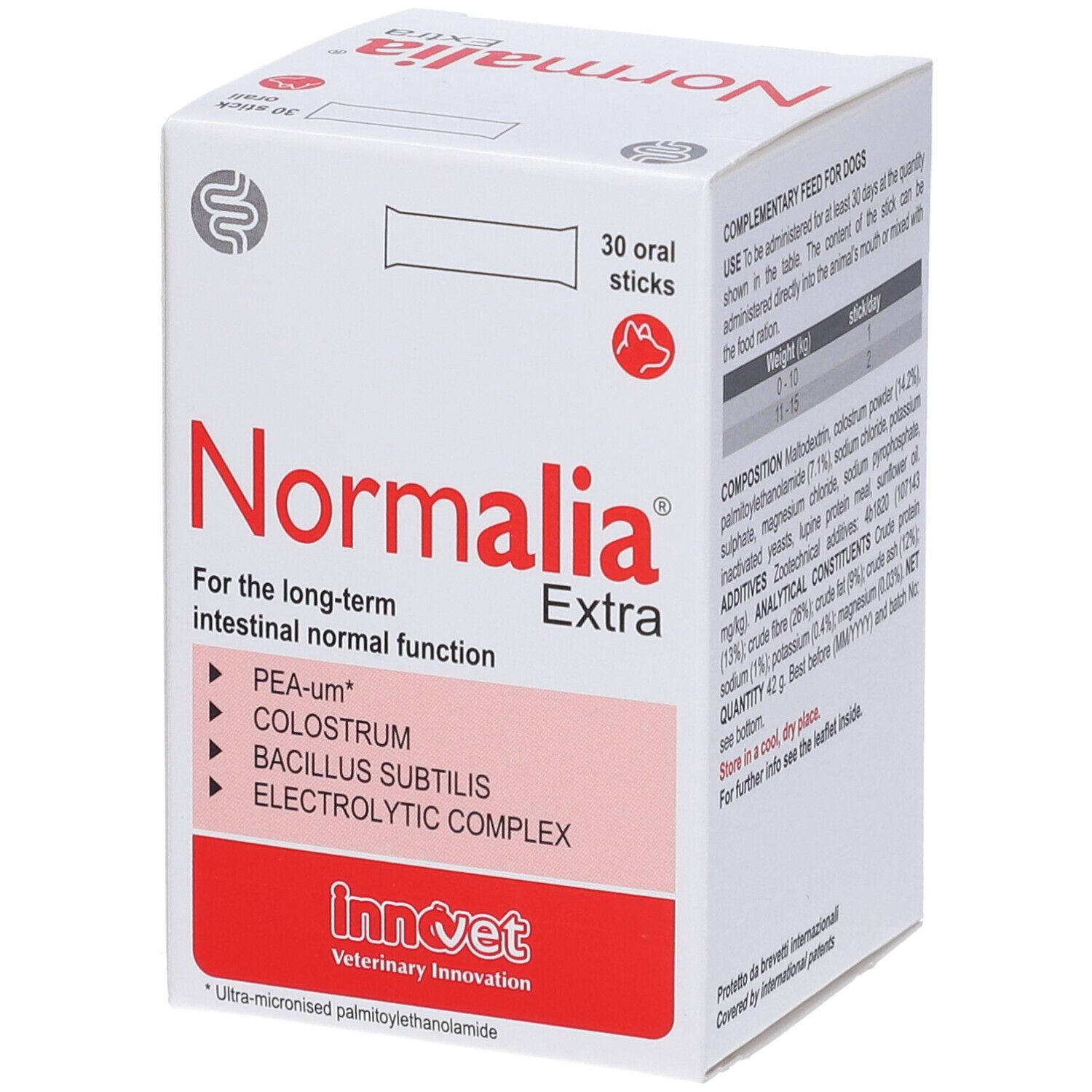 Scatola Normalia Extra per cani. Contiene 30 stick. Informazioni sull'uso e la composizione.