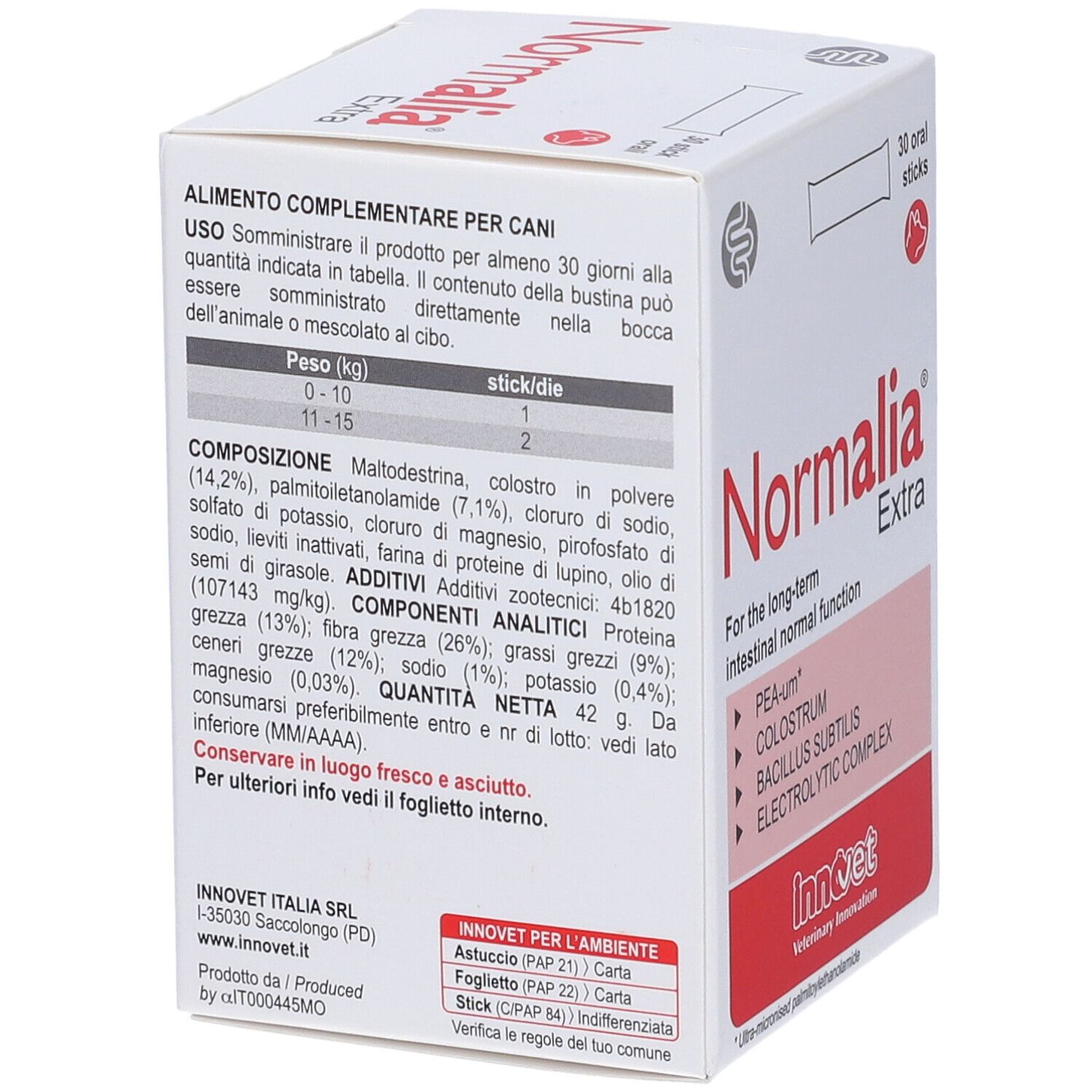 Scatola Normalia Extra per cani. Contiene 30 stick. Informazioni sull'uso e la composizione.