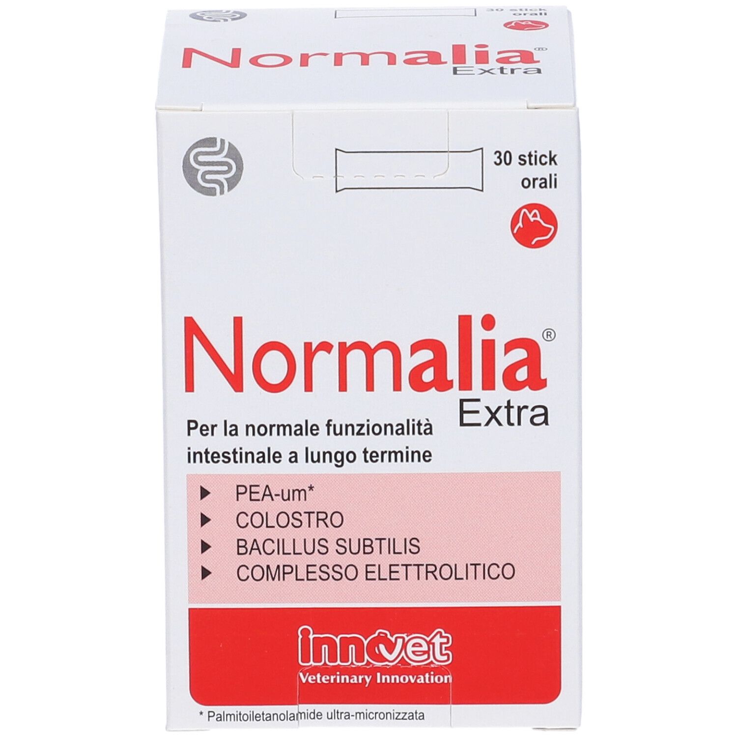 Scatola Normalia Extra per cani. Contiene 30 stick. Informazioni sull'uso e la composizione.