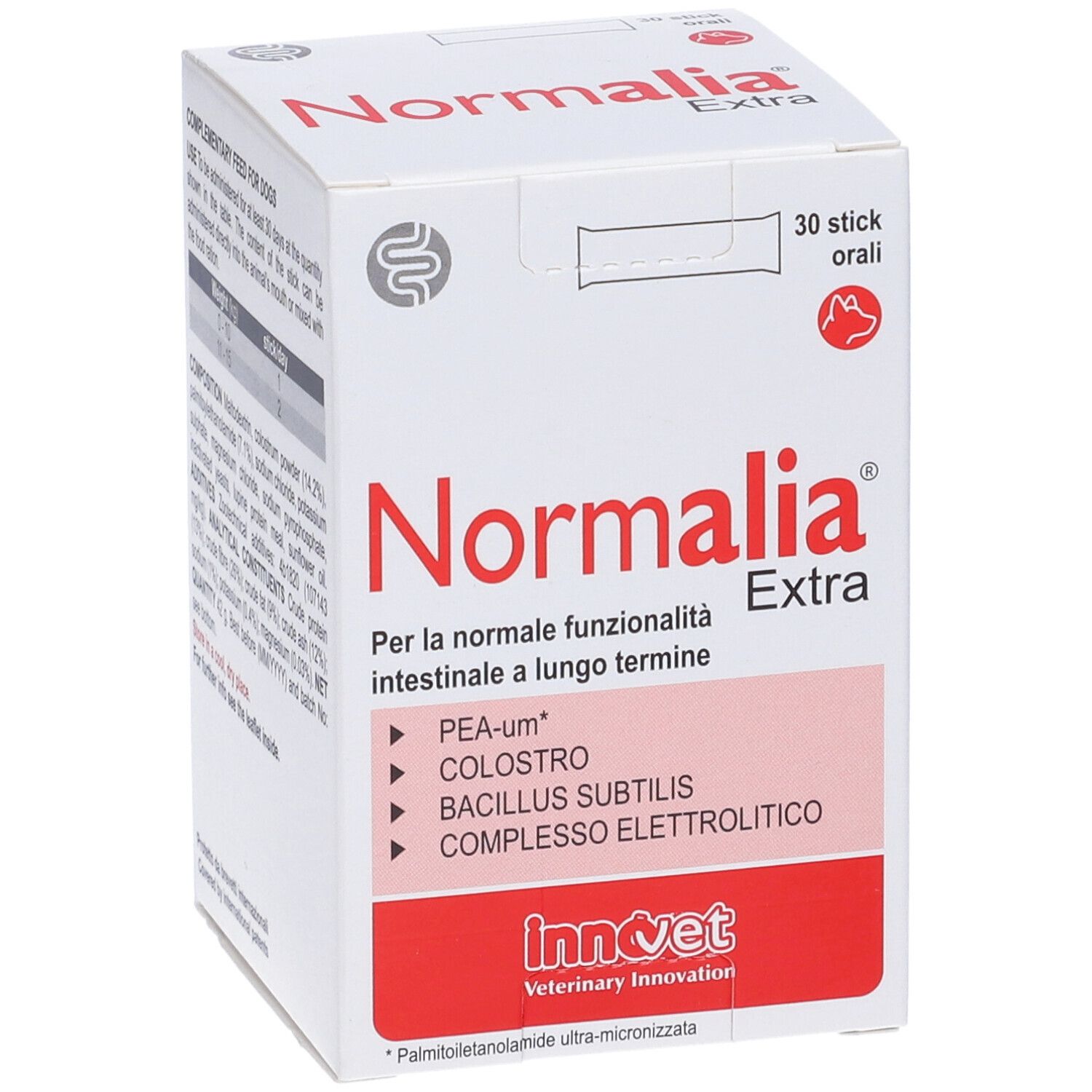 Confezione Normalia Extra con 30 stick. Per la funzionalità intestinale a lungo termine. Marchio Innovet.