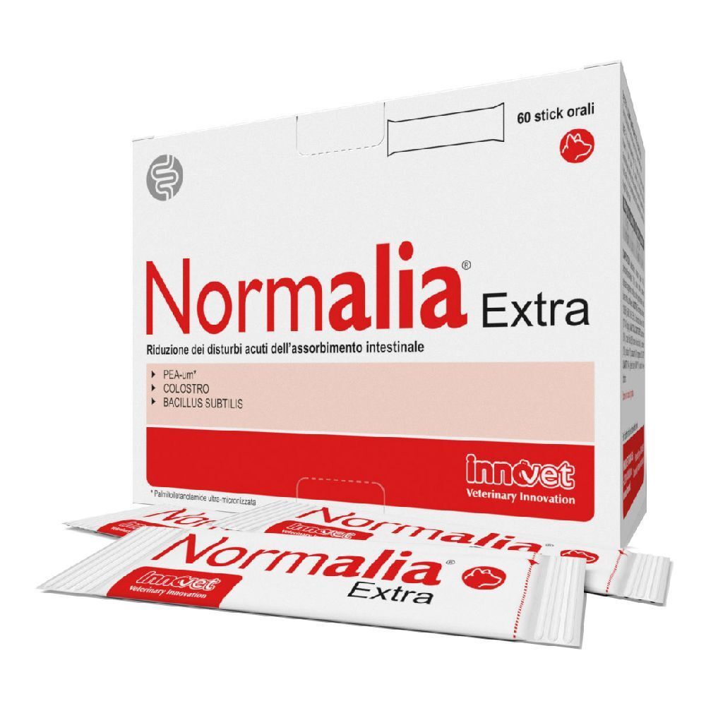 Confezione di Normalia Extra, 60 stick orali. Scatola bianca e rossa con nome e logo del prodotto.