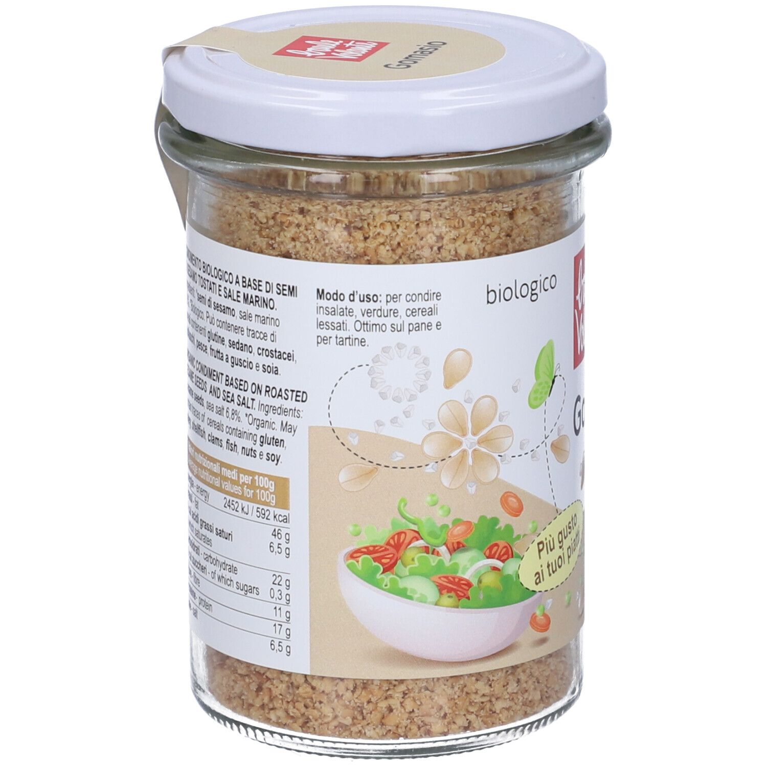 Gomasio in vaso di vetro. Retro con elenco ingredienti e valori nutrizionali. Testo 'biologico' e 'Modo d'uso'.