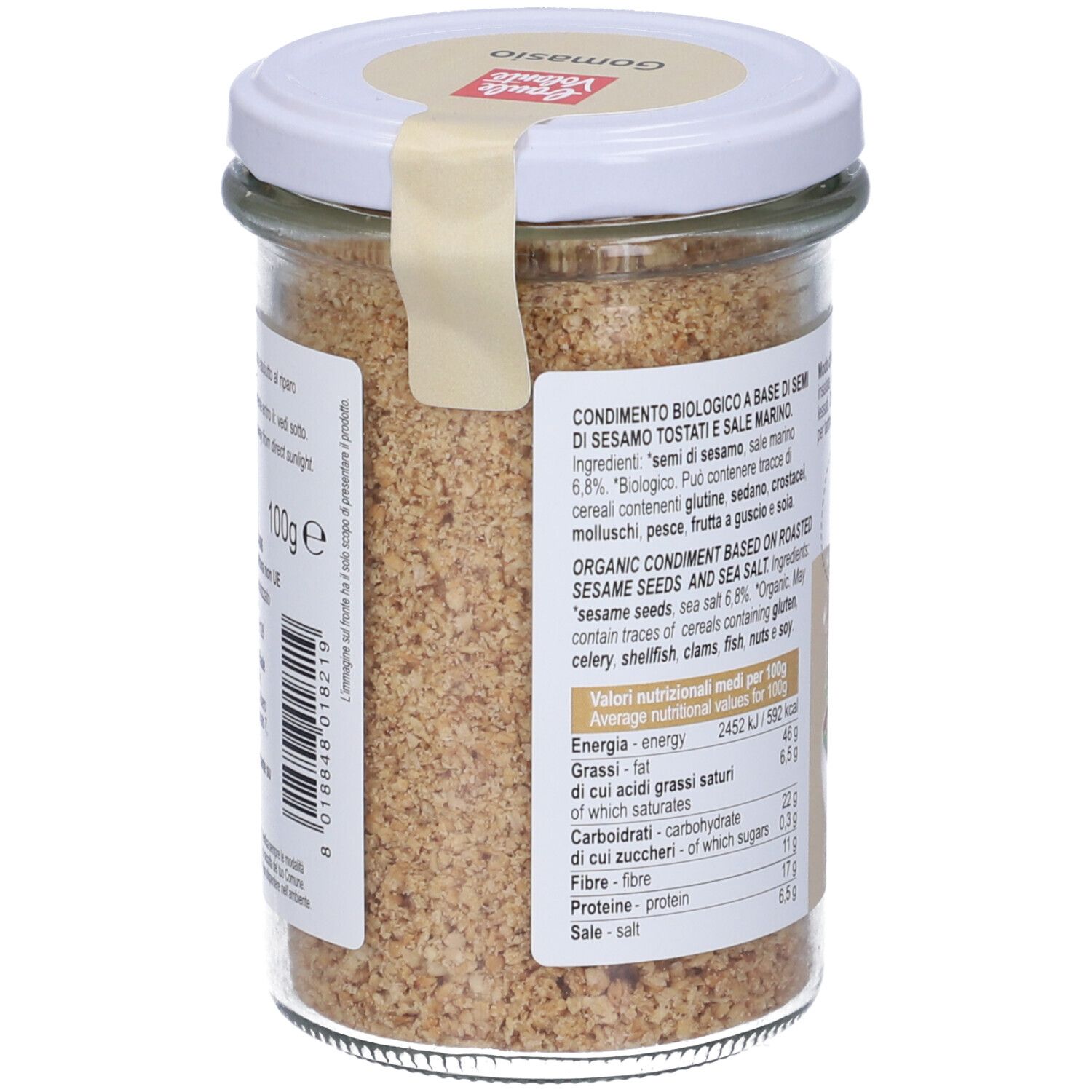Gomasio in vaso di vetro. Retro con elenco ingredienti e valori nutrizionali. Testo 'biologico' e '100g'.