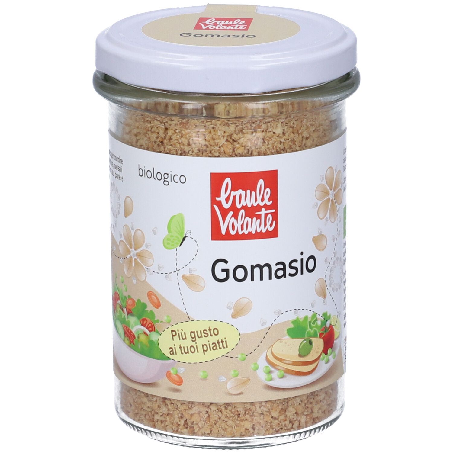 Vaso di vetro con Gomasio. Coperchio bianco, etichetta con logo e nome del prodotto. Scritta 'Più gusto ai tuoi piatti'.