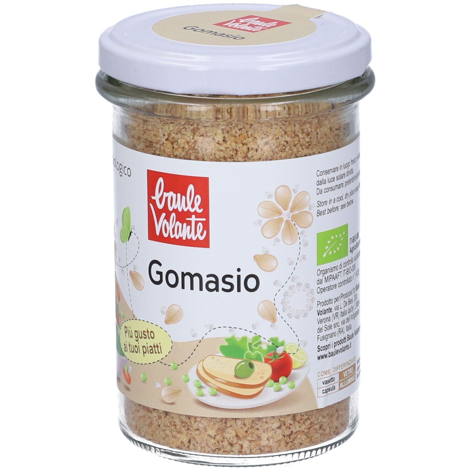 Vaso di Gomasio. Etichetta con logo, nome del prodotto e marchio biologico. Scritta 'Più gusto ai tuoi piatti'.