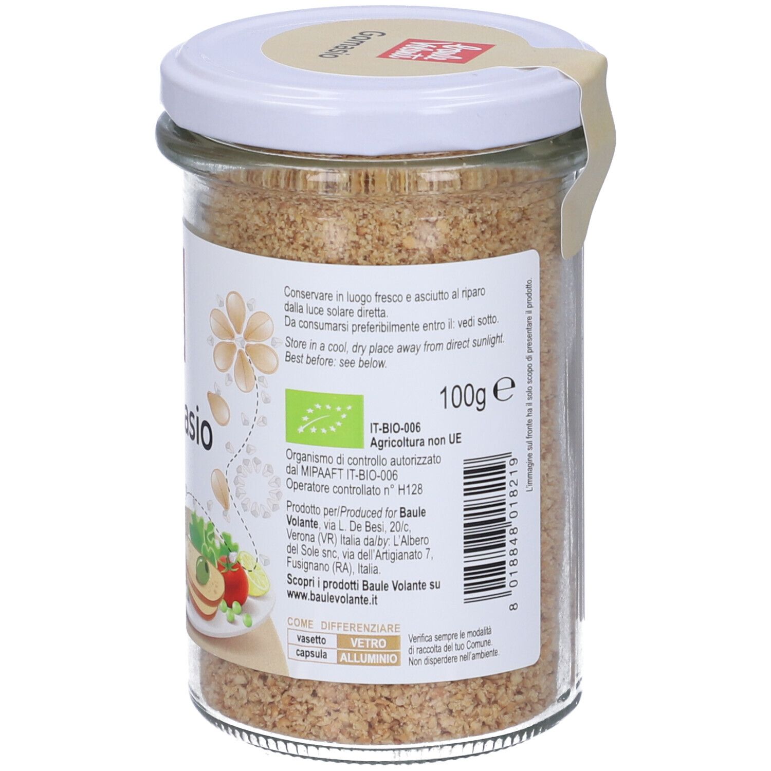 Gomasio in vaso di vetro. Retro con marchio biologico, informazioni produttore e indicazione '100g'.