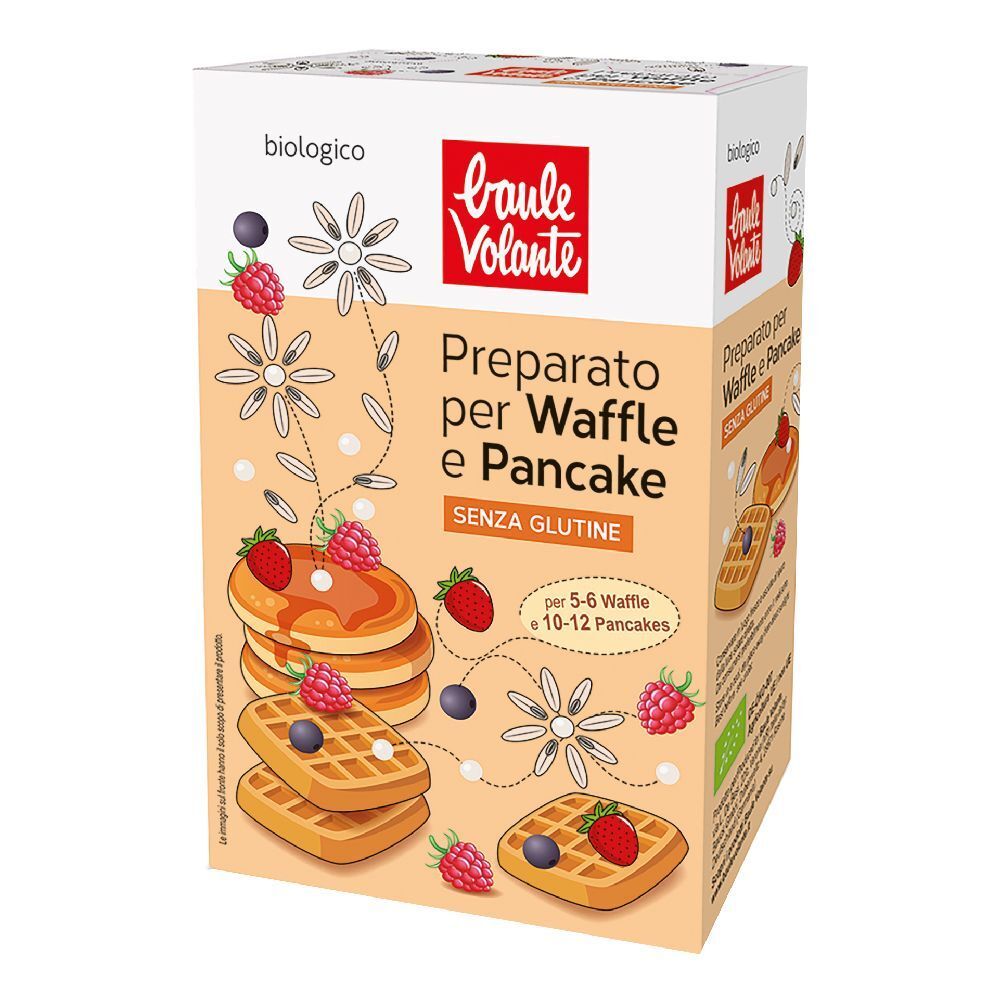Confezione di preparato per waffle e pancake senza glutine. Illustrazioni di waffle, pancake e frutti di bosco.