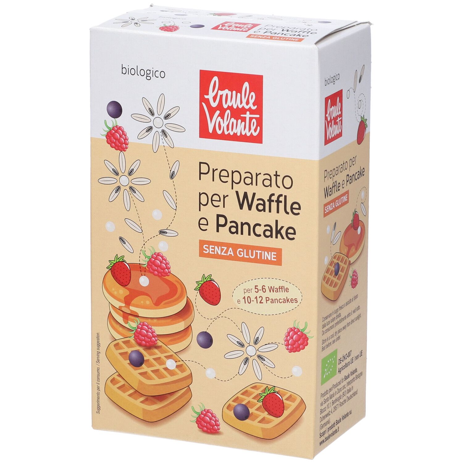 Confezione di preparato per waffle e pancake senza glutine. Nome del prodotto e illustrazioni di waffle e frutti di bosco.