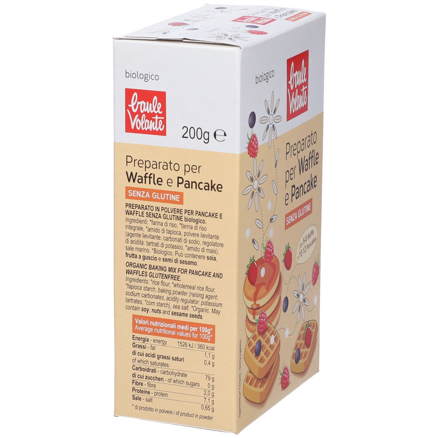 Confezione di preparato per waffle e pancake senza glutine. Nome del prodotto, lista ingredienti e valori nutrizionali.