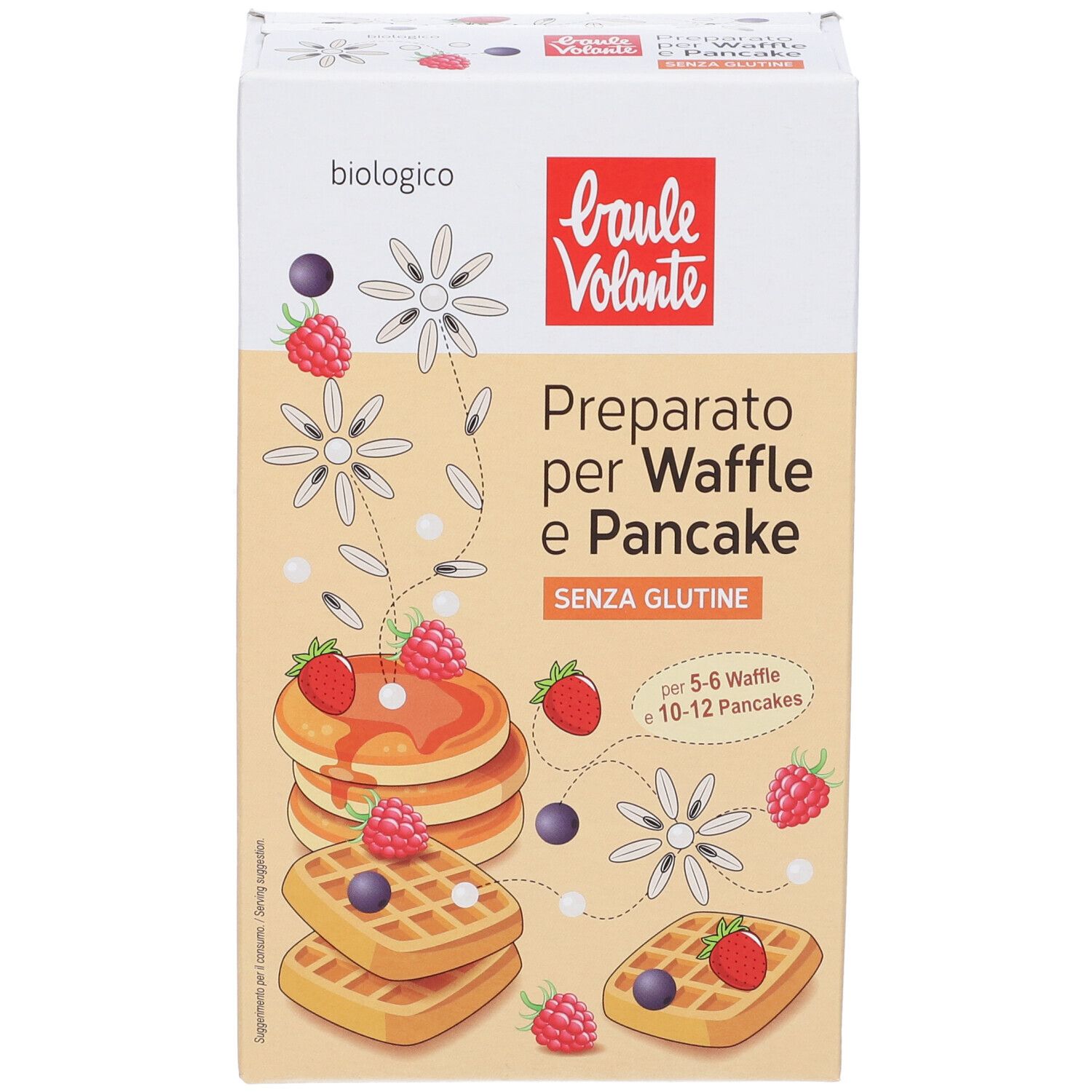 Confezione di preparato per waffle e pancake senza glutine. Nome del prodotto e illustrazioni di waffle, pancake e frutti di bosco.