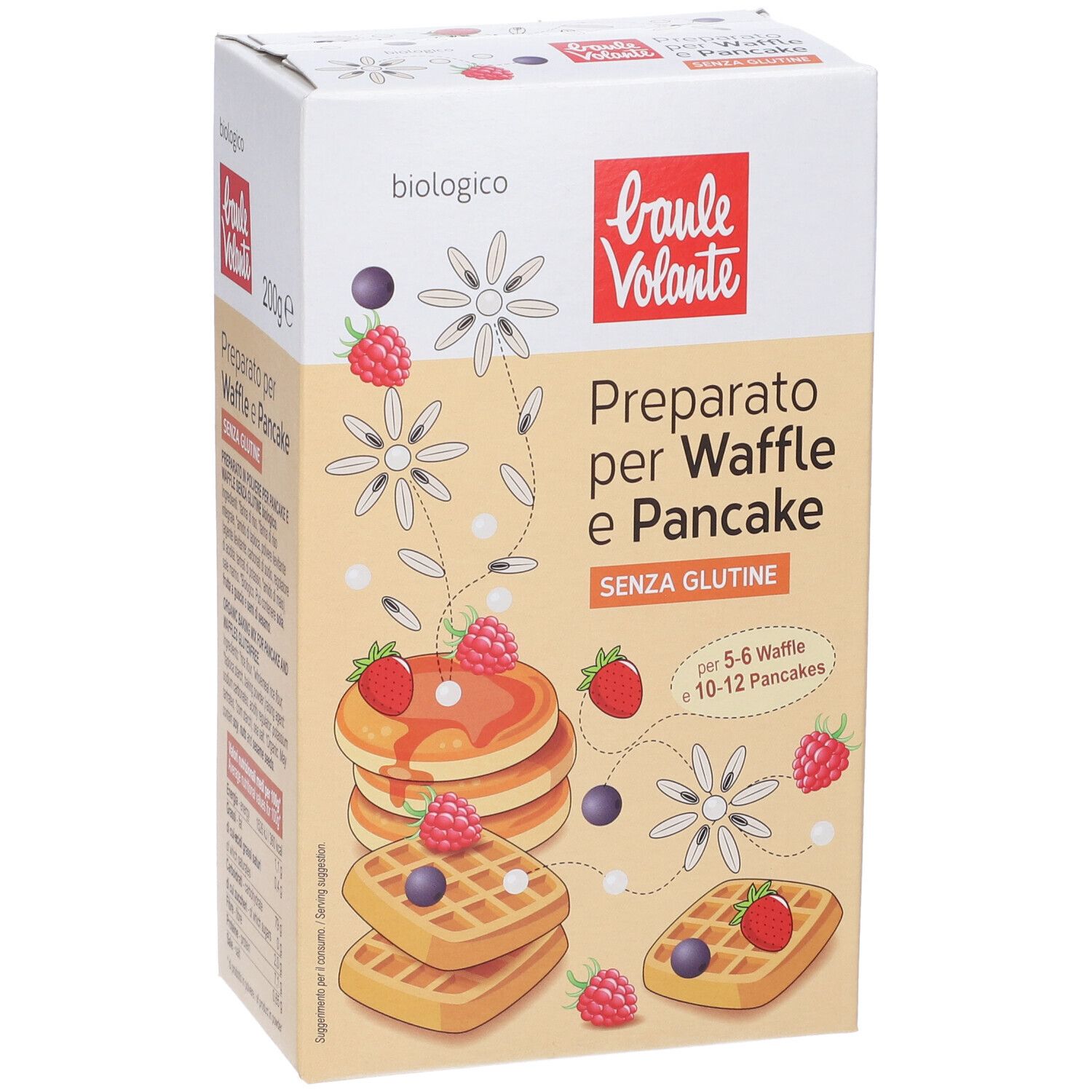 Confezione di preparato per waffle e pancake senza glutine. Nome del prodotto e illustrazioni di waffle, pancake e frutti di bosco.