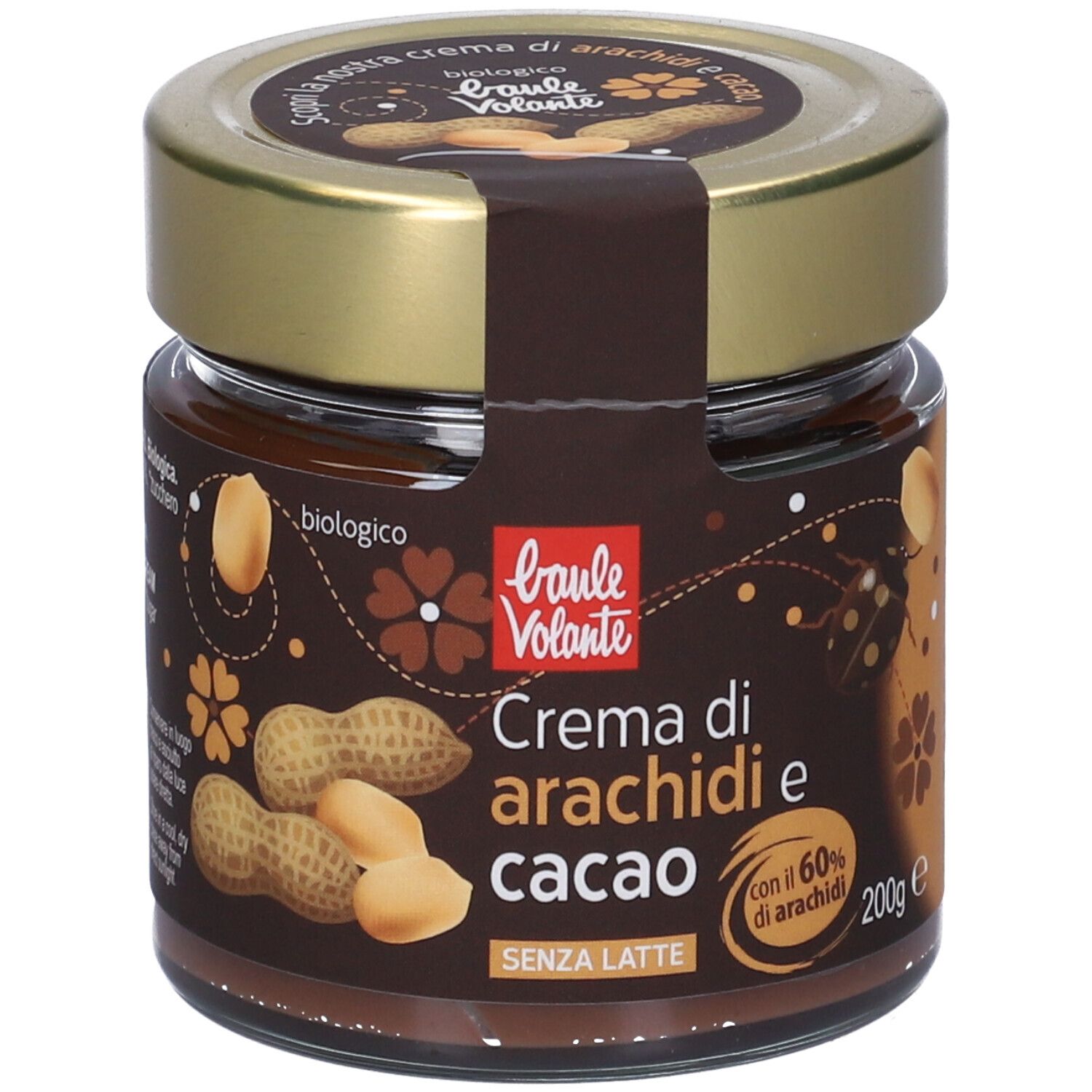 Vasetto crema arachidi e cacao. Etichetta marrone con nome e logo. Coperchio dorato, sigillo.