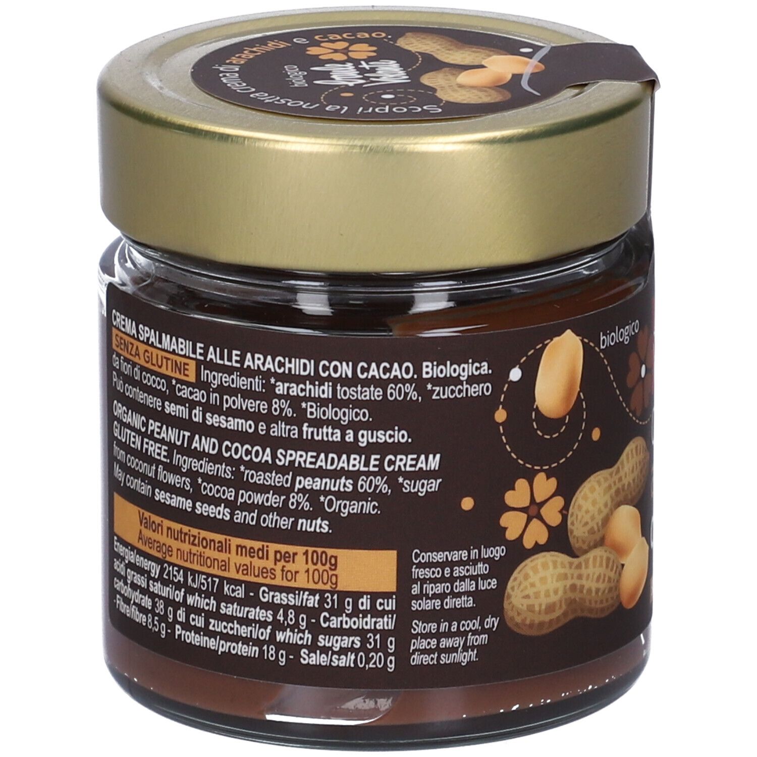 Vasetto crema arachidi e cacao. Retro con elenco ingredienti e valori nutrizionali. Coperchio dorato.