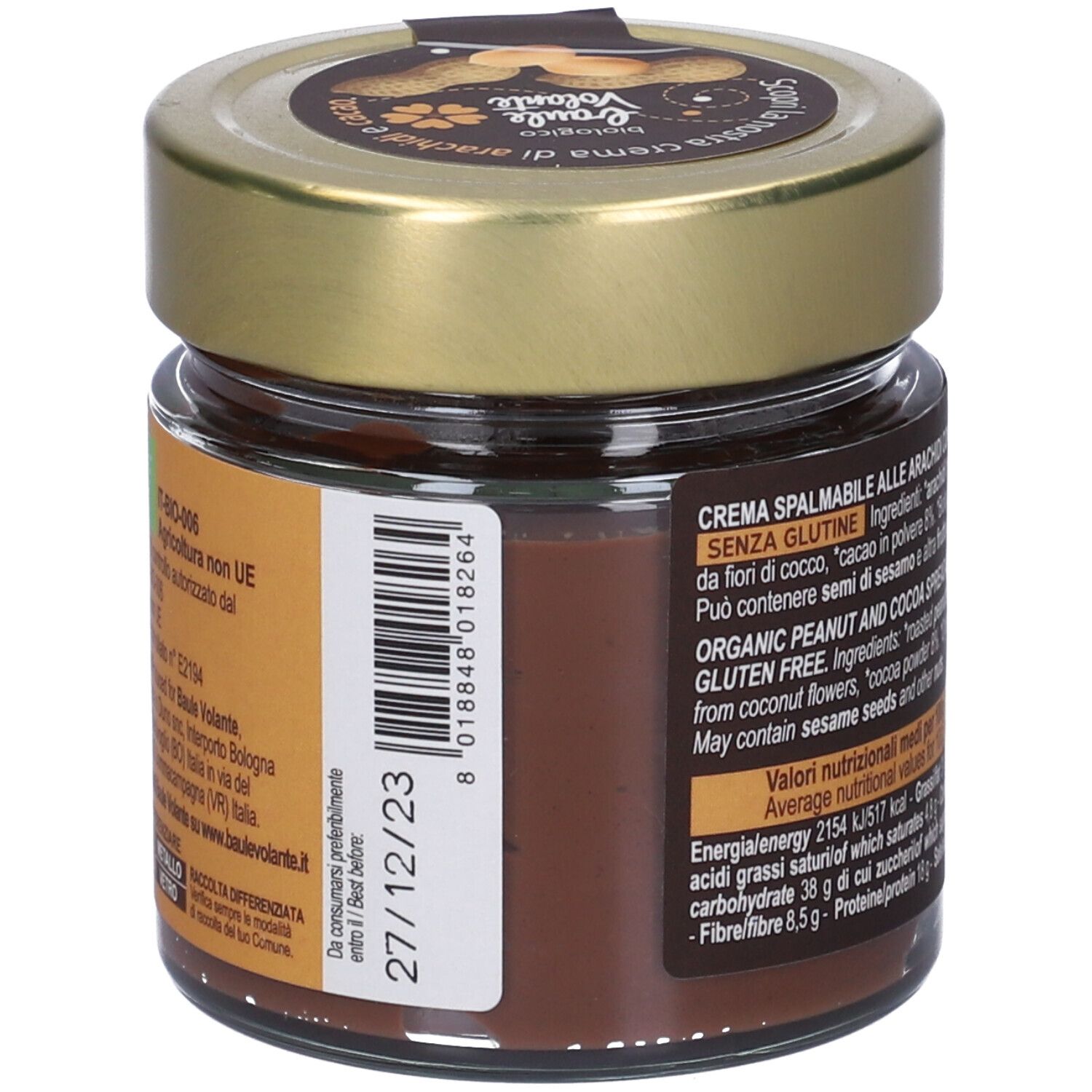 Vasetto crema arachidi e cacao. Retro con codice a barre e data di scadenza. Coperchio dorato.