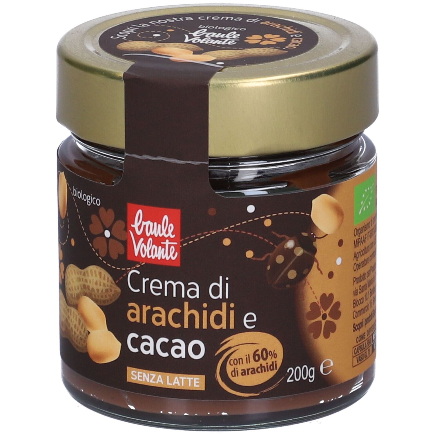 Vasetto crema arachidi e cacao. Etichetta marrone con logo e marchio bio. Coperchio dorato.
