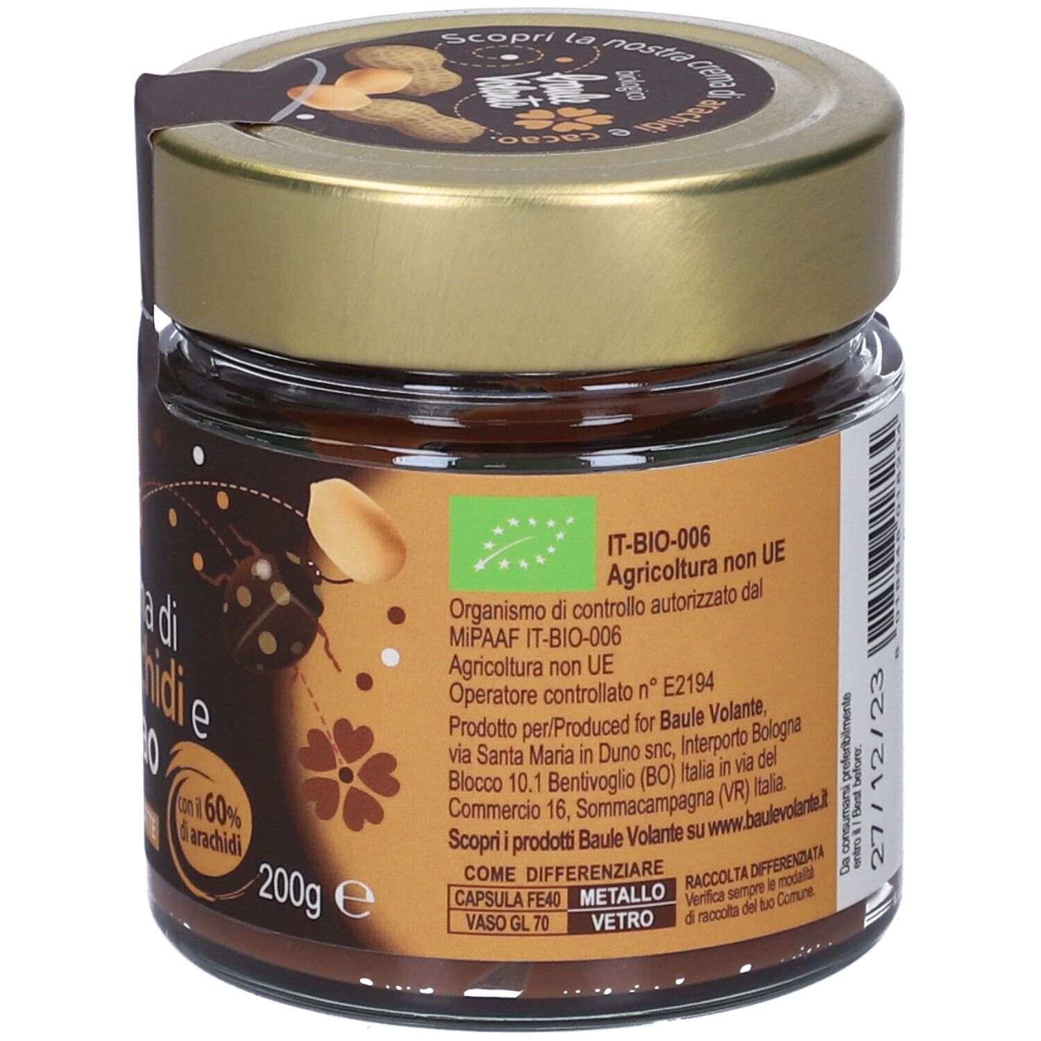Vasetto crema arachidi e cacao. Retro con marchio bio e informazioni produttore. Coperchio dorato.