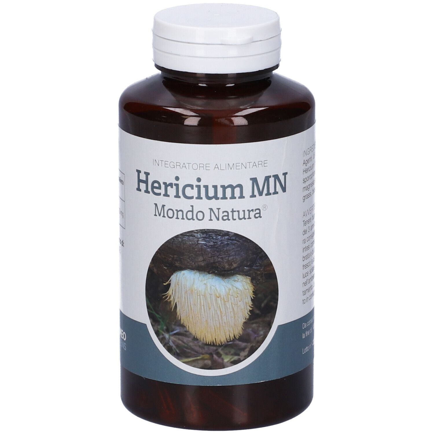 Flacone marrone con tappo bianco. Scritta: Hericium MN Mondo Natura. Immagine di un fungo.