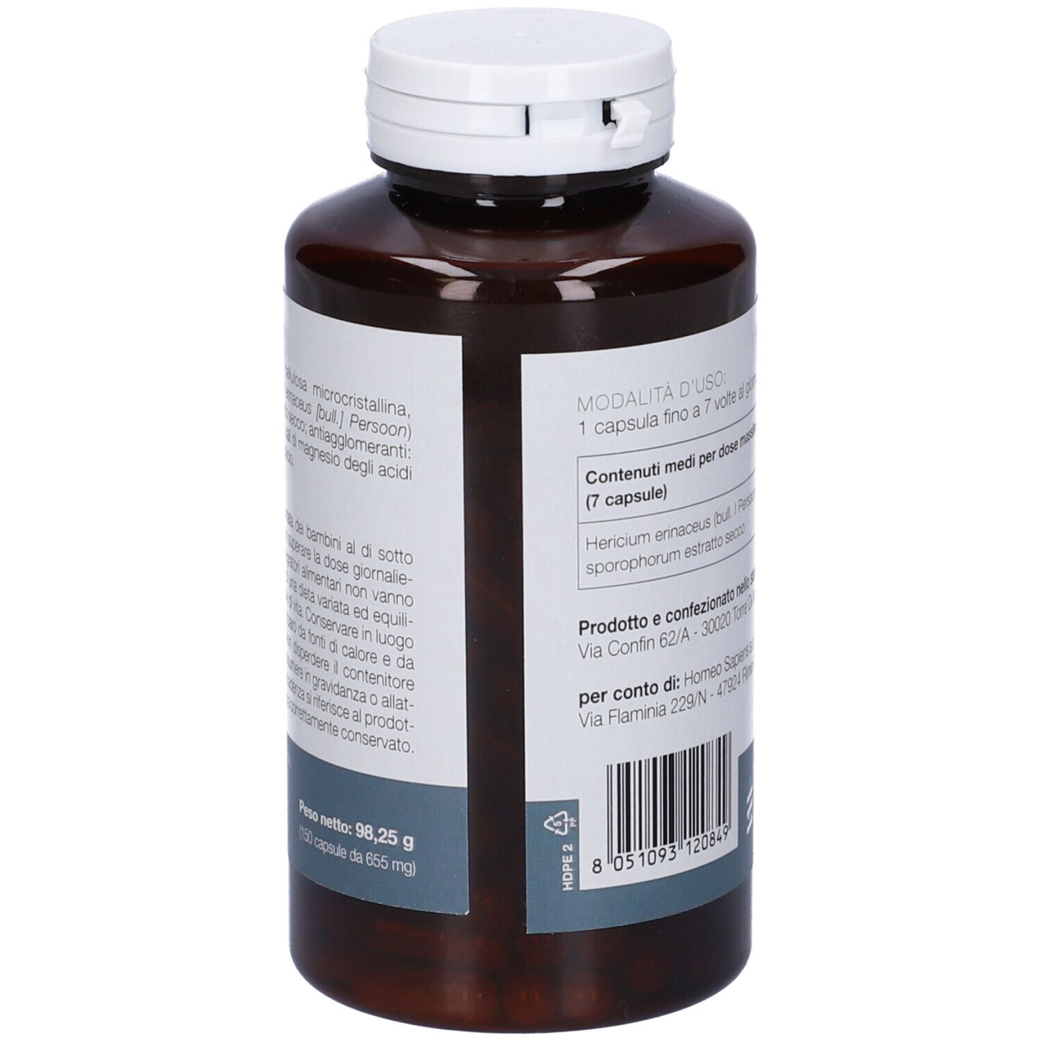 Flacone marrone con tappo bianco. Retro con ingredienti e codice a barre. Peso netto: 98,25 g.
