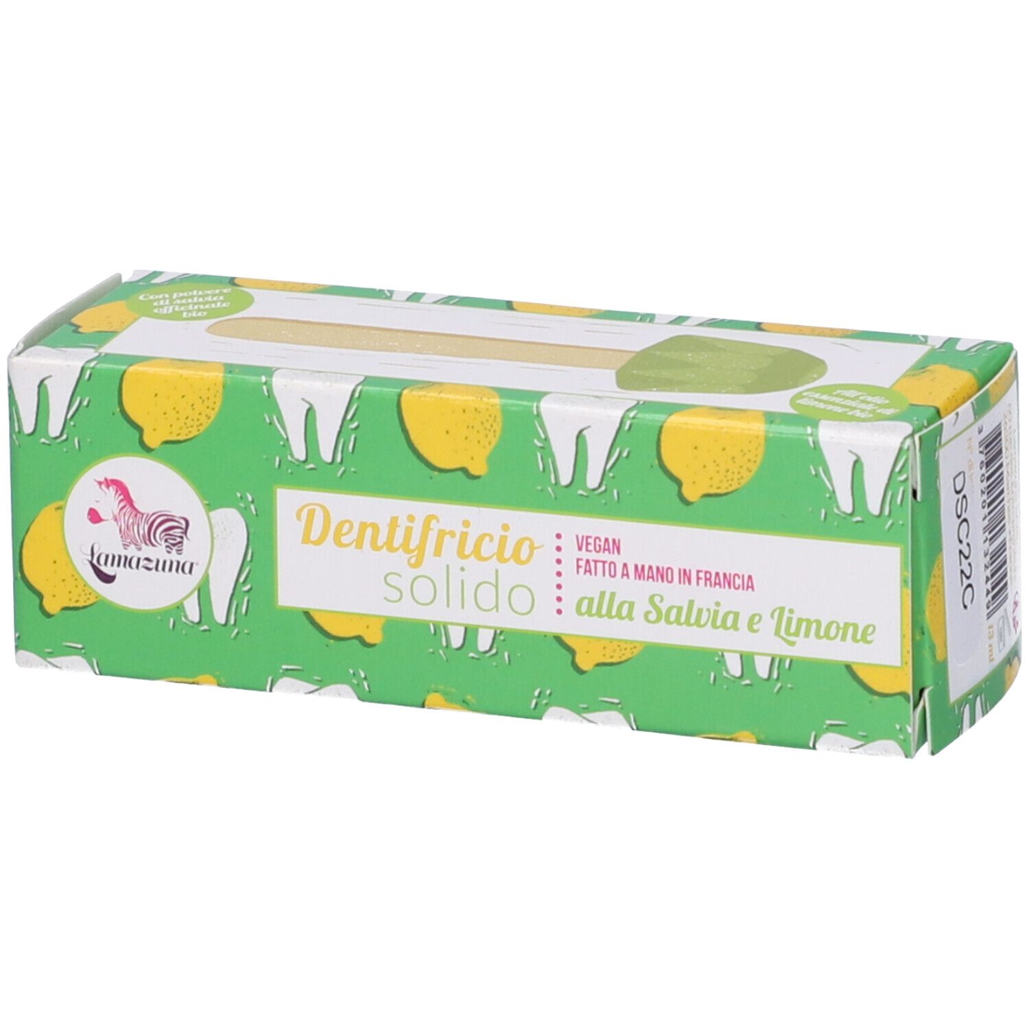Confezione verde con limoni e denti. Testo: Dentifricio solido alla Salvia e Limone. Logo: Lamazuna. Vegano.