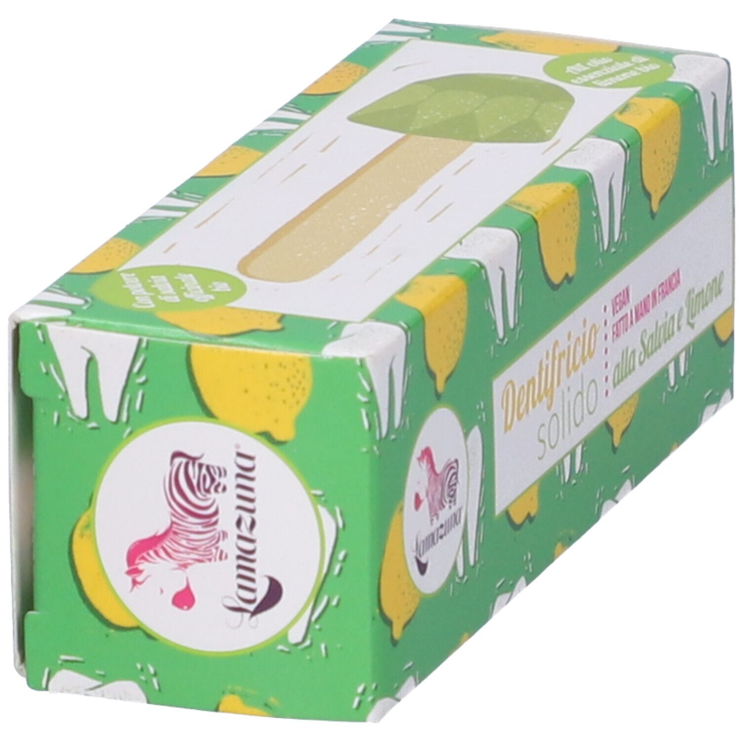 Confezione verde inclinata con limoni e denti. Testo: Dentifricio solido alla Salvia e Limone. Logo: Lamazuna.