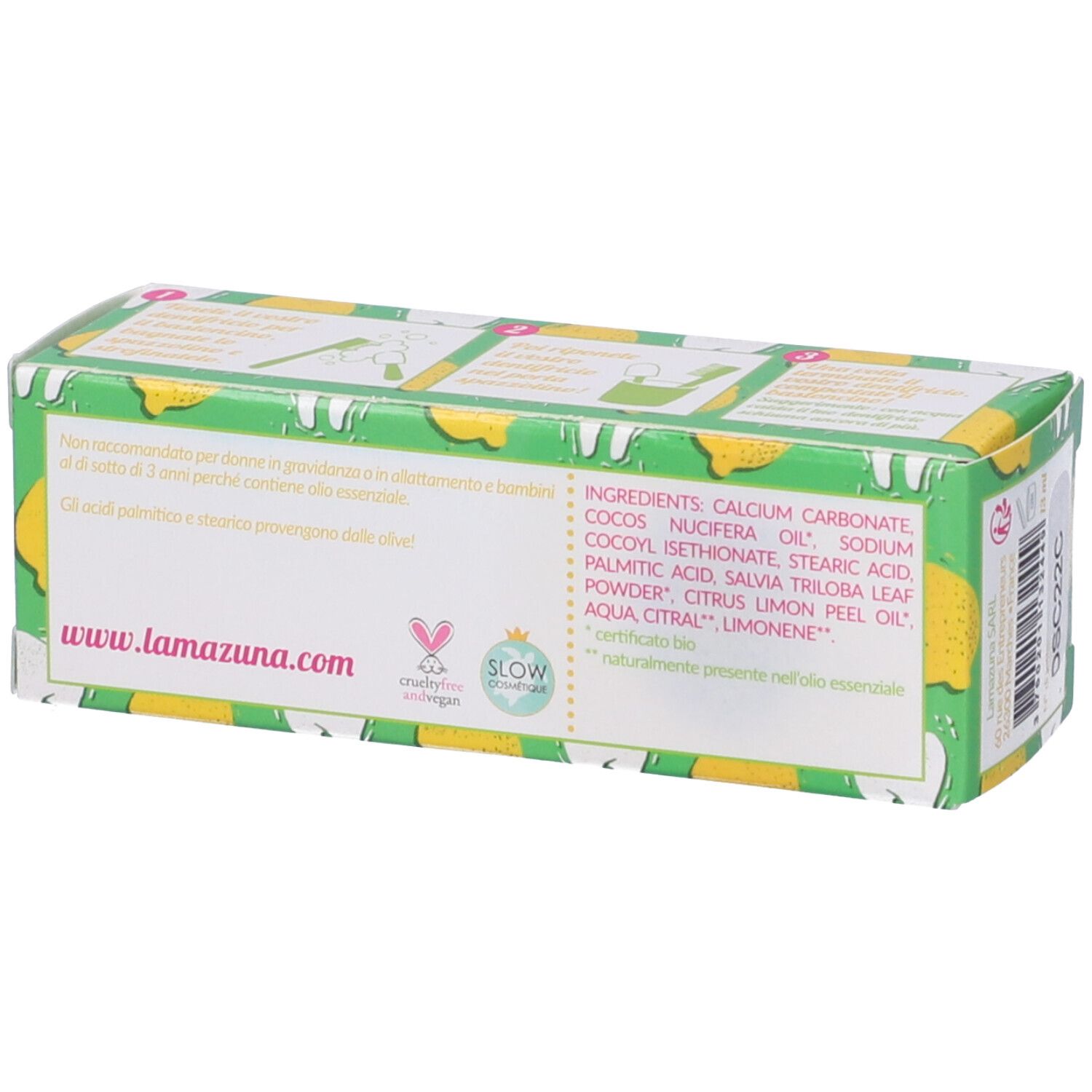 Retro della confezione verde. Testo: Ingredienti, www.lamazuna.com, sigillo Vegan, sigillo Slow Cosmétique.