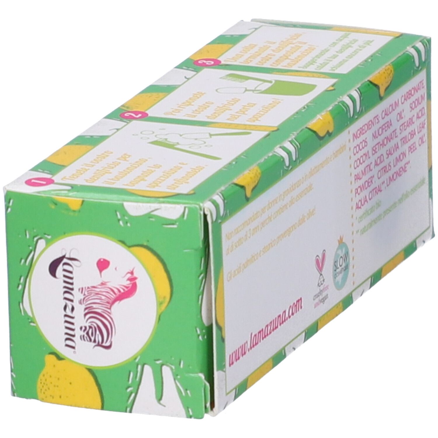 Retro inclinato della confezione verde. Testo: Ingredienti, www.lamazuna.com, sigillo Vegan, Slow Cosmétique.