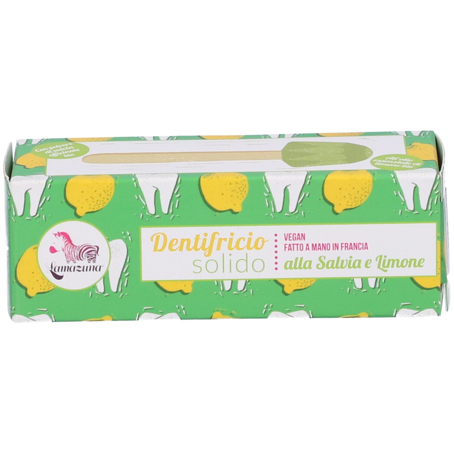 Confezione verde con limoni e denti. Testo: Dentifricio solido alla Salvia e Limone. Logo: Lamazuna. Vegano.